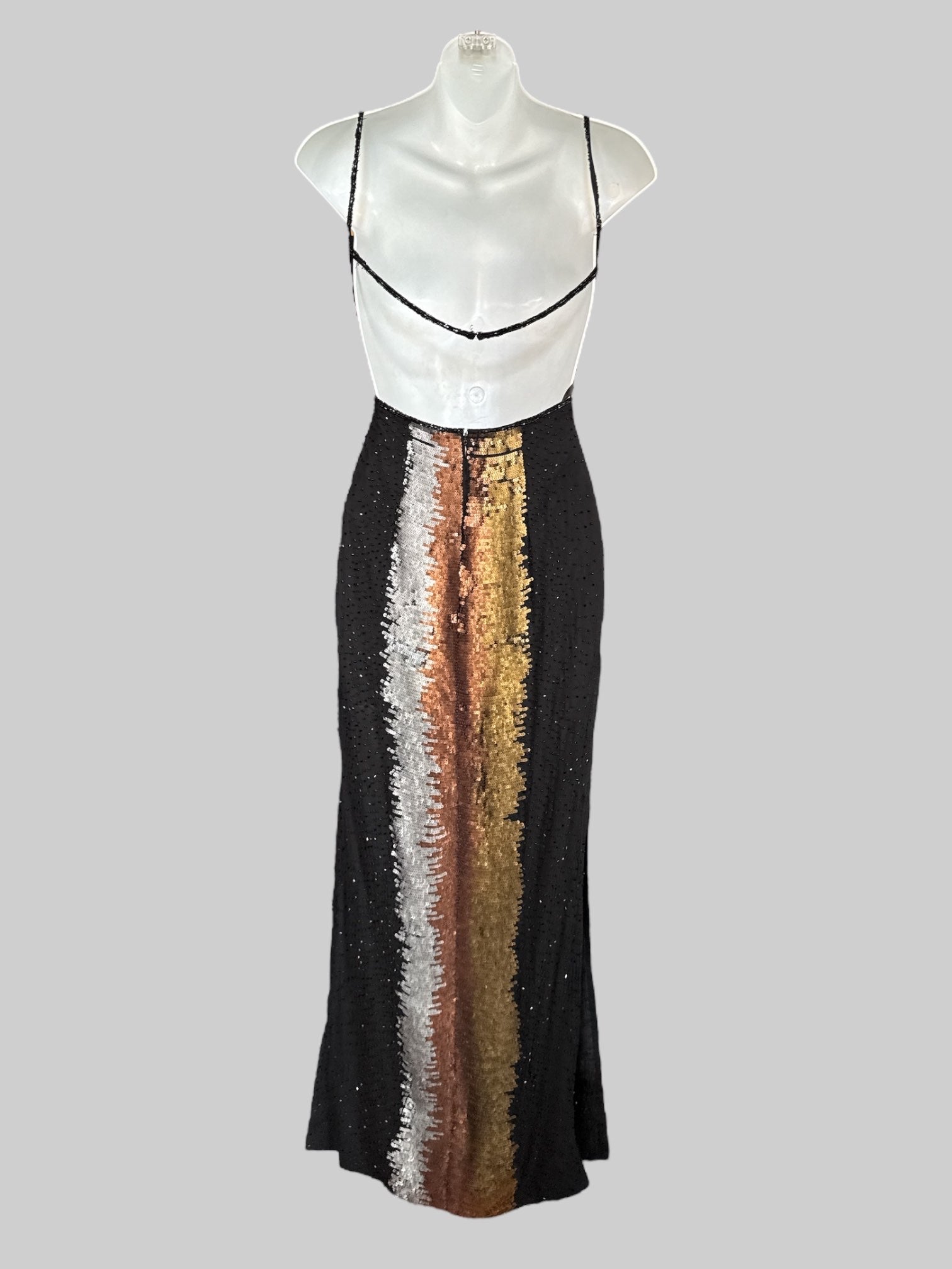 XS VTG black beaded maxi dress with gold and silver sequins