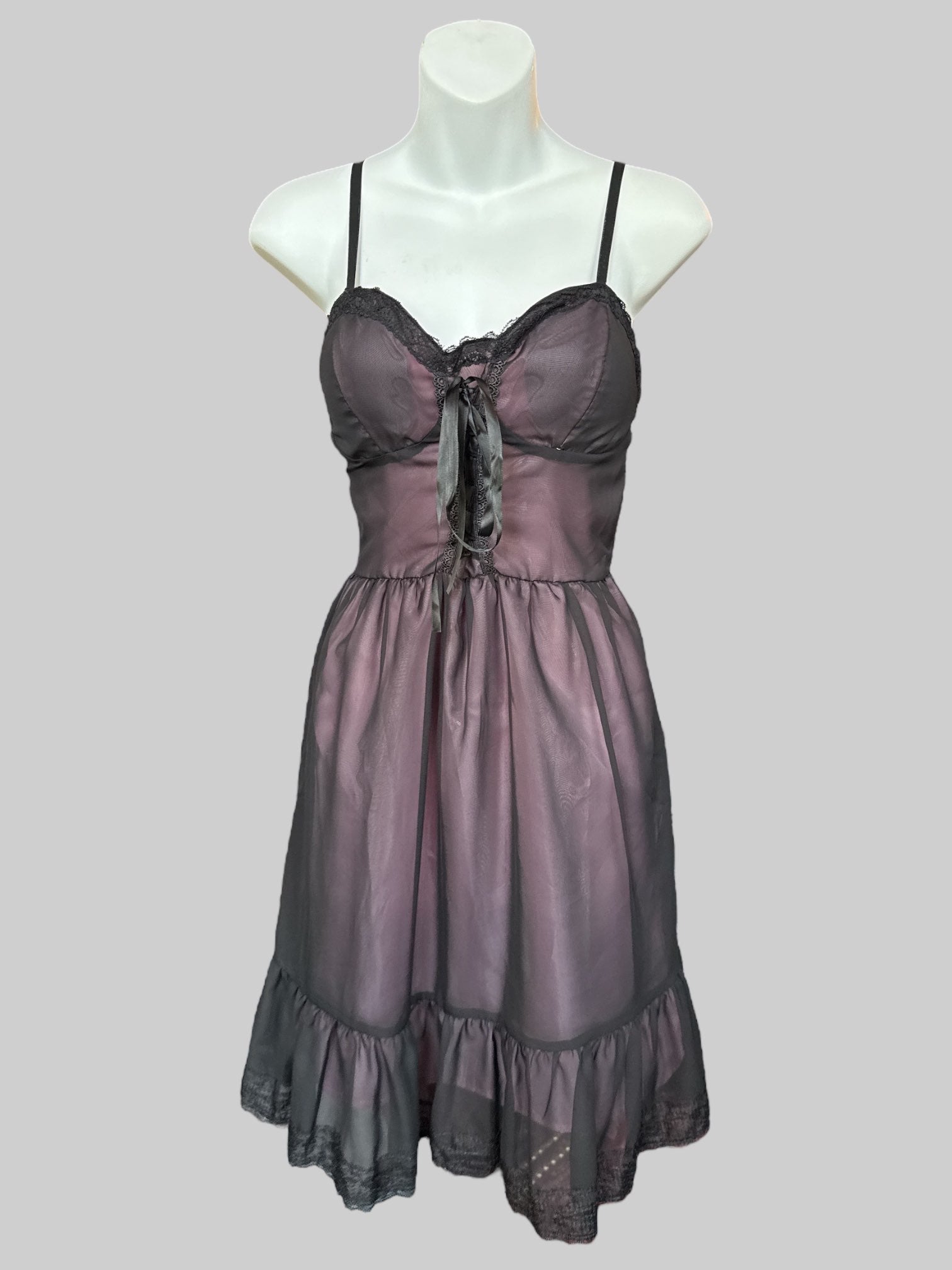 XS Pink dress with black sheer overlay and lace details