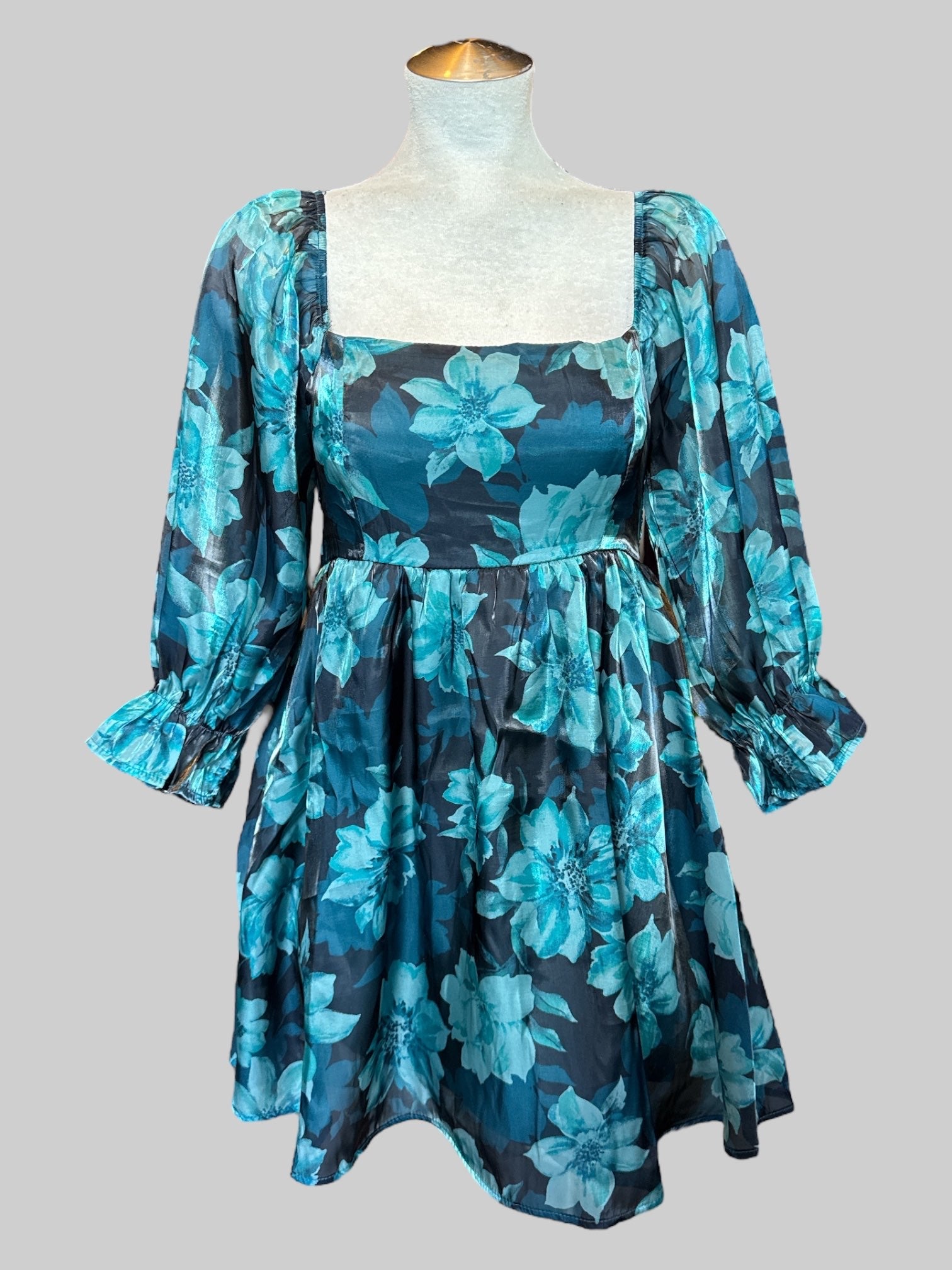 S Black and blue dress with florals, sheer sleeves, and shirred bodice