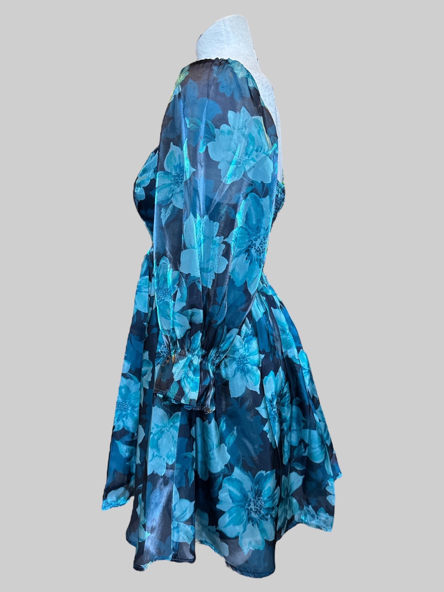 S Black and blue dress with florals, sheer sleeves, and shirred bodice