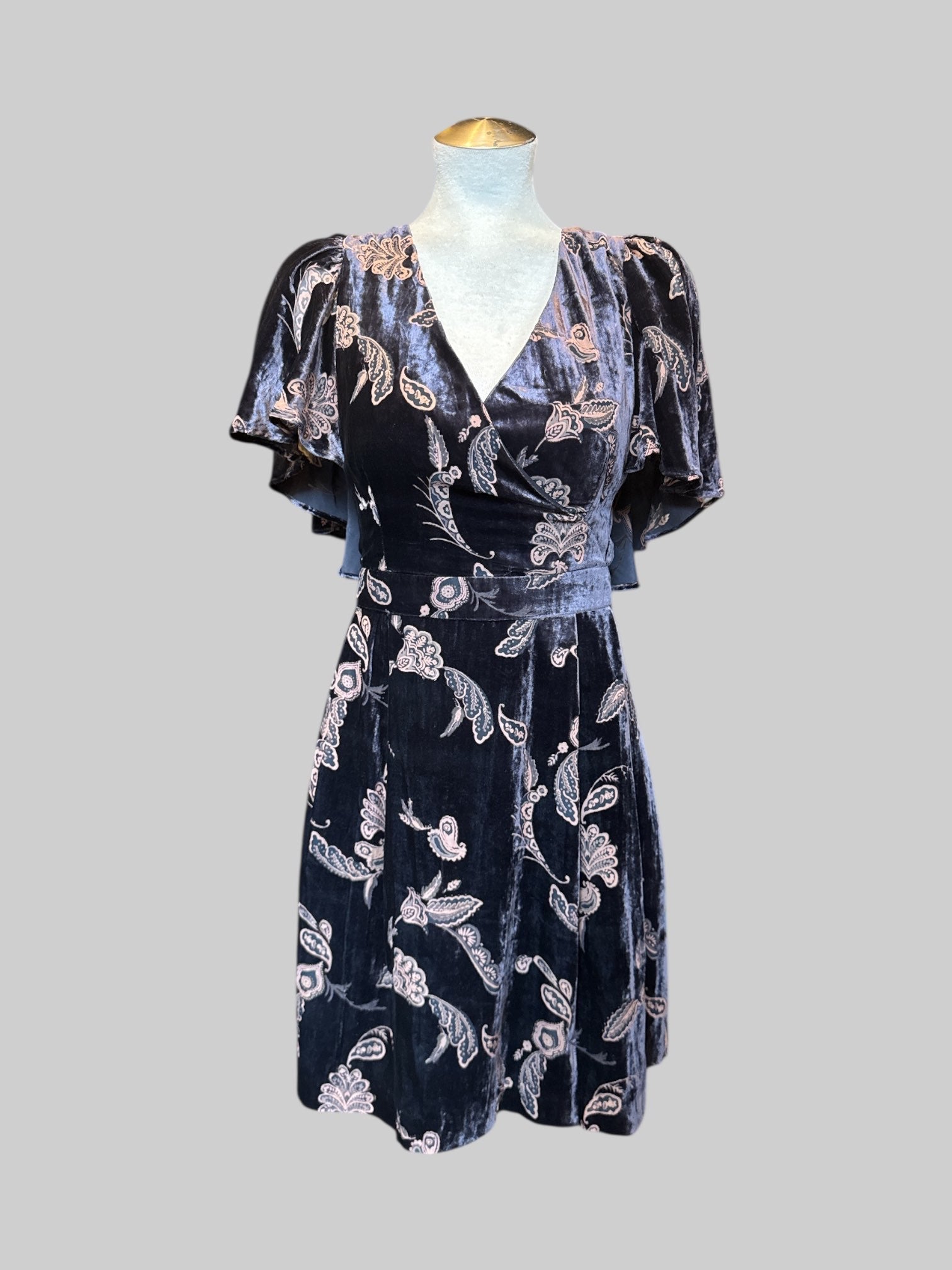 L Indigo velvet faux wrapped dress with zipper on back and paisley burnout design
