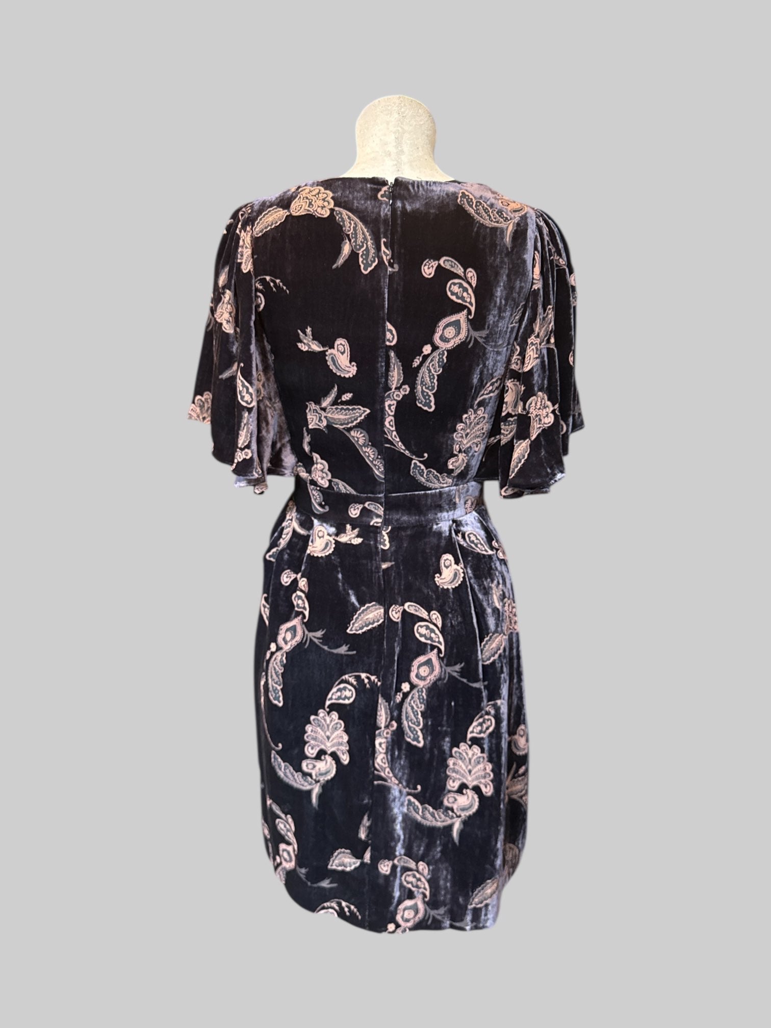 L Indigo velvet faux wrapped dress with zipper on back and paisley burnout design