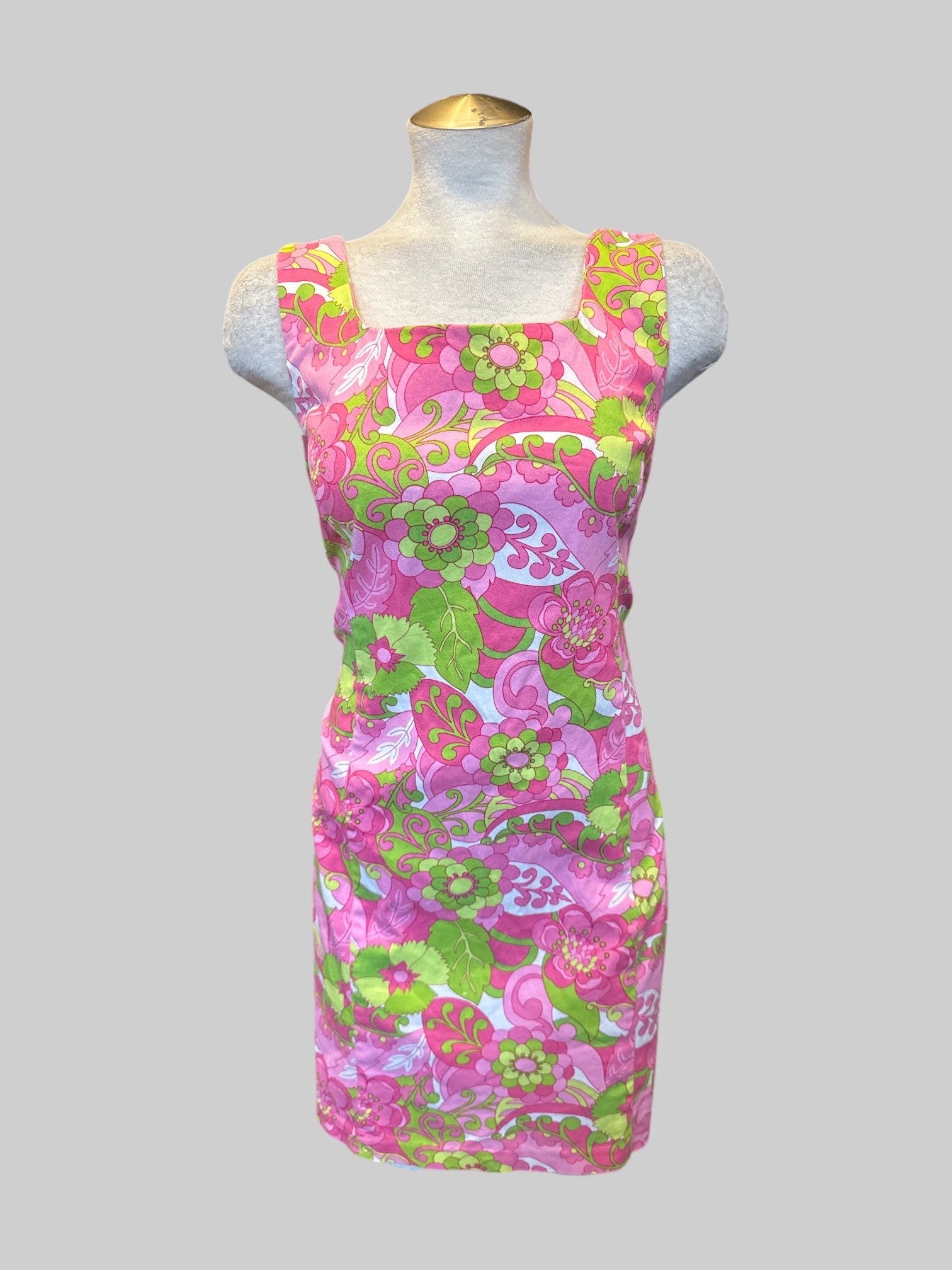 L Pink white and green floral sleeveless dress with zipper on back
