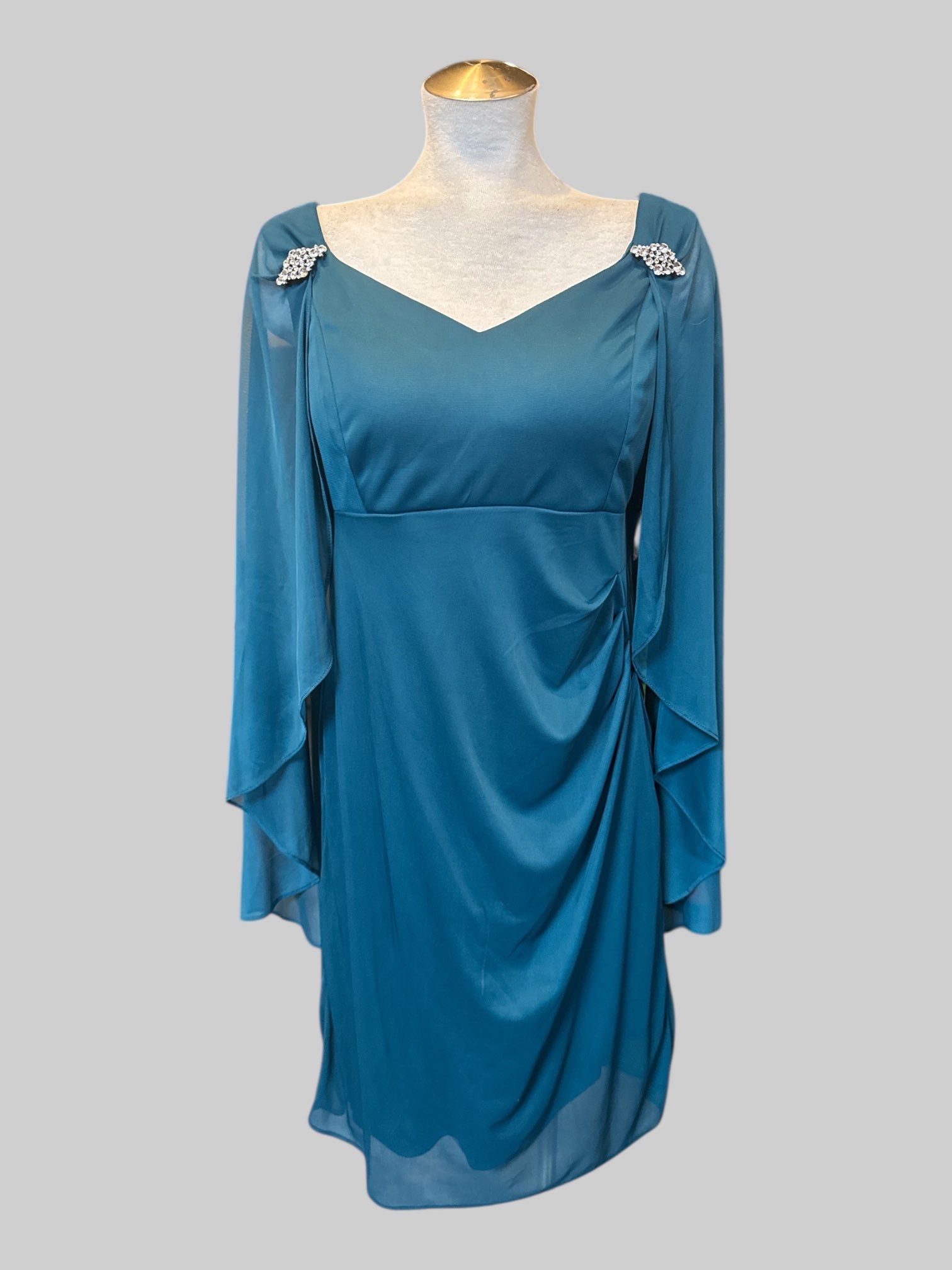 L Teal elegant dress with attached mesh cape and rhinestone detail
