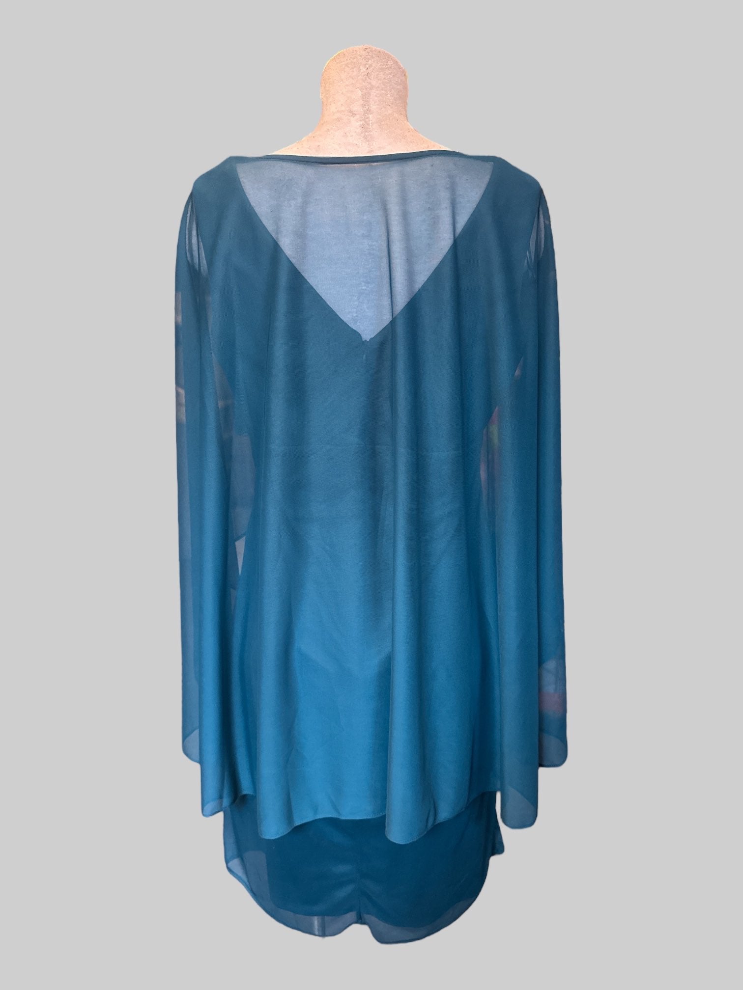 L Teal elegant dress with attached mesh cape and rhinestone detail