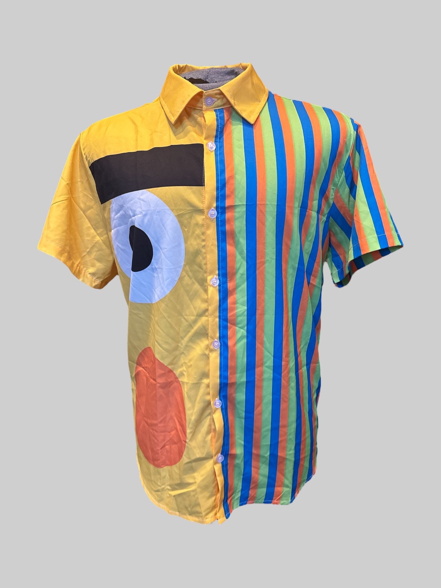 XL “Sesame Street” yellow button down with orange blue green stripes