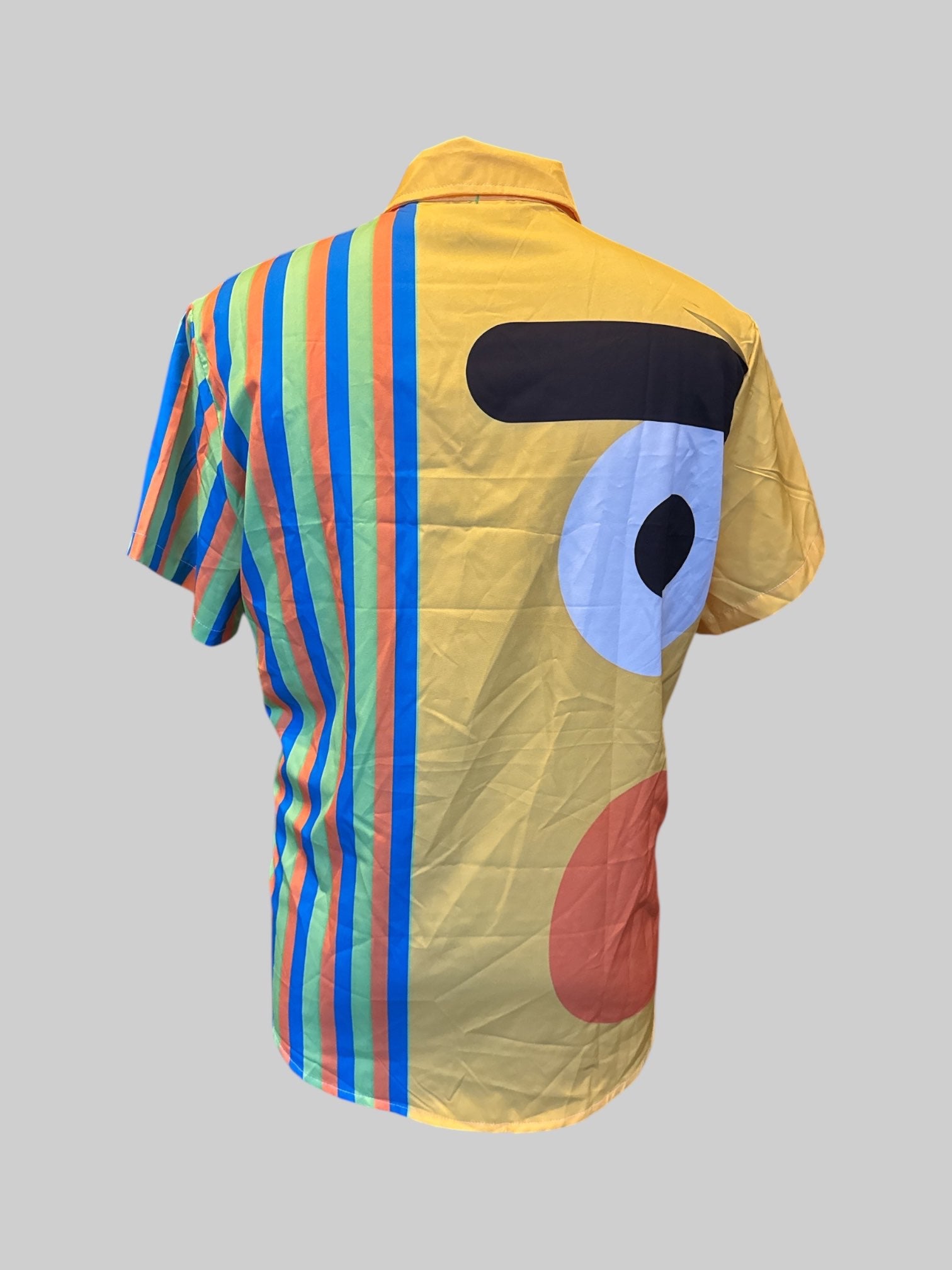 XL “Sesame Street” yellow button down with orange blue green stripes