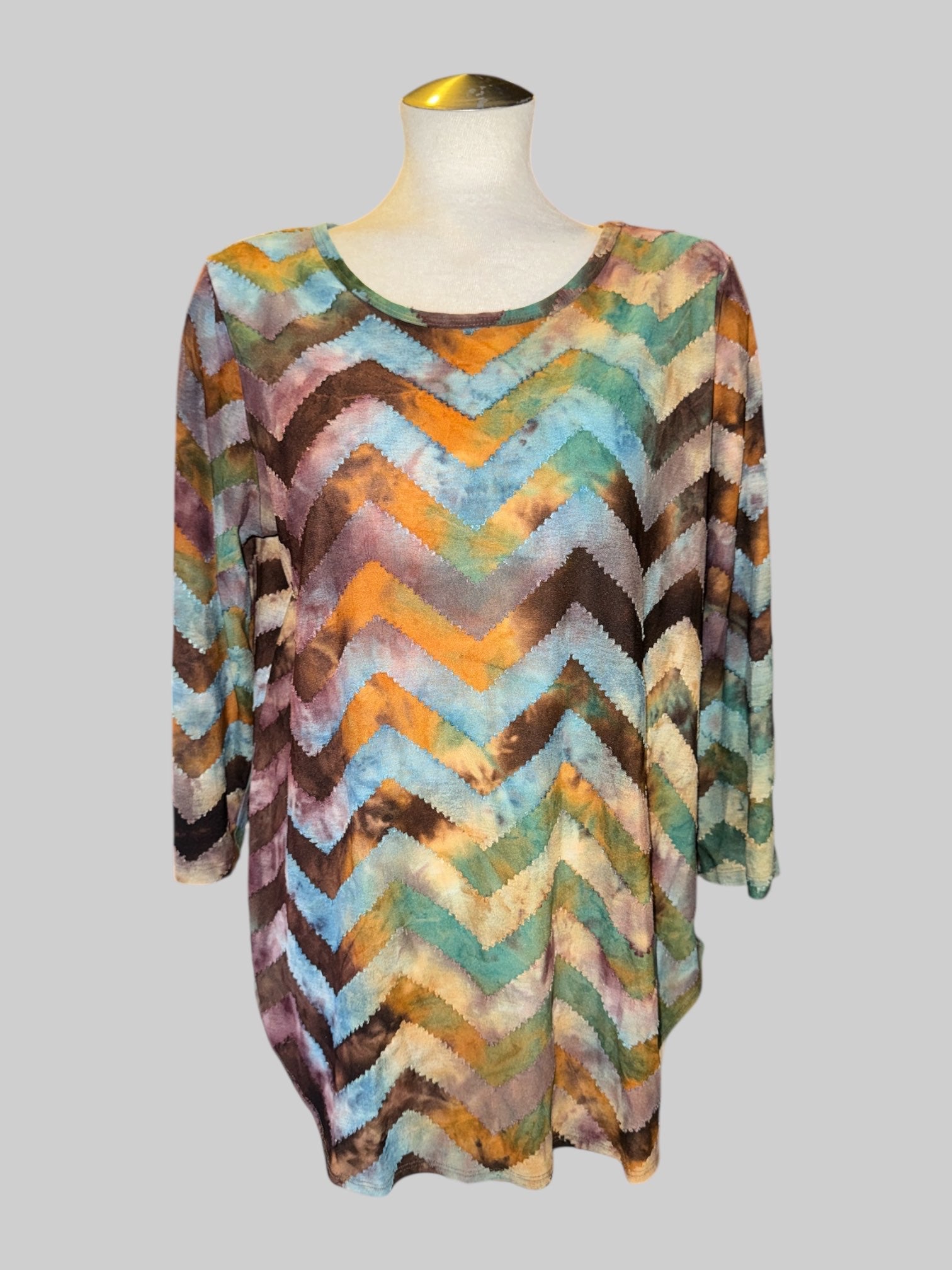 0X Vintage earthy tone multicolor stretchy patchwork asymmetrical tunic top
