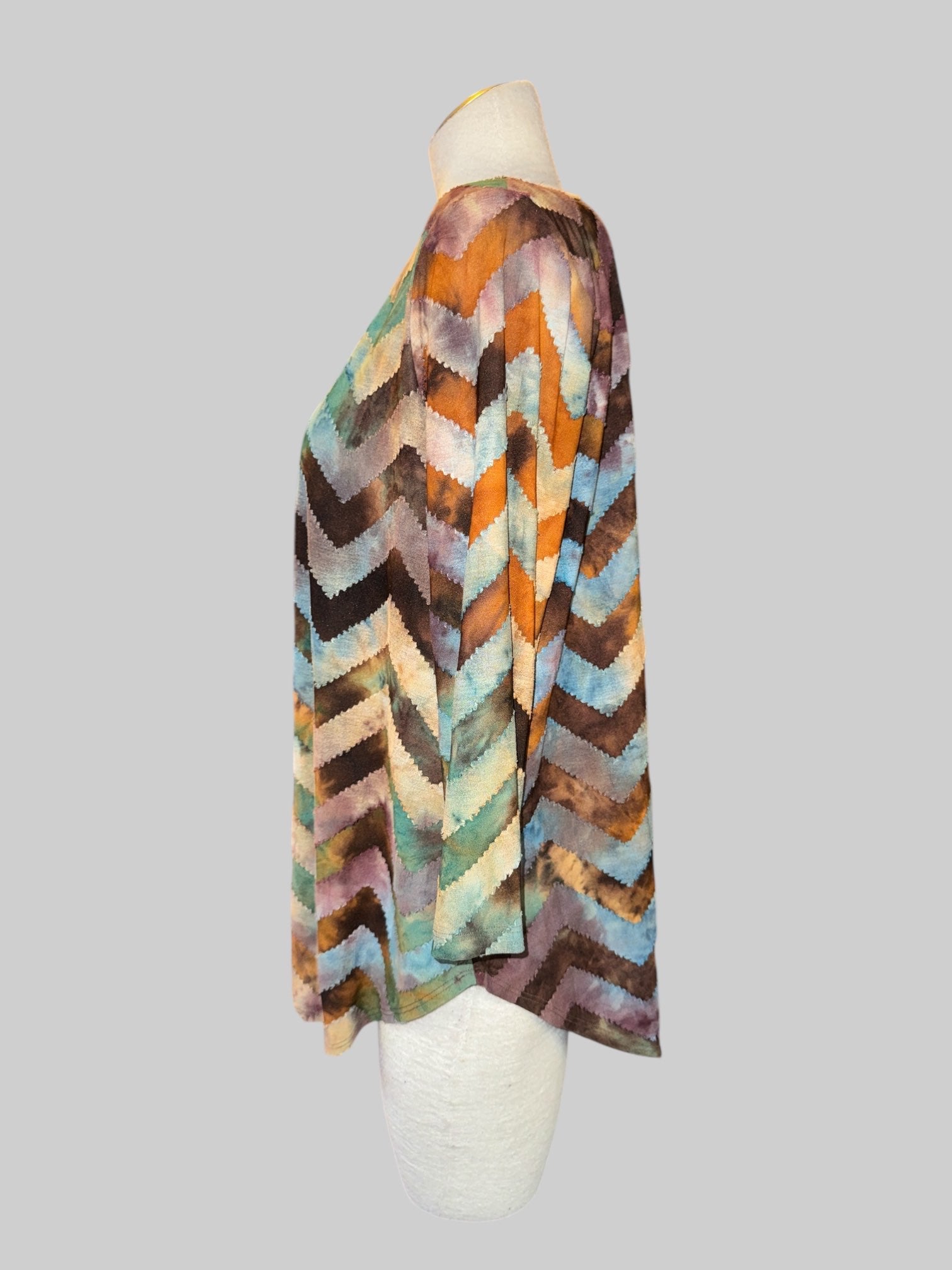 0X Vintage earthy tone multicolor stretchy patchwork asymmetrical tunic top