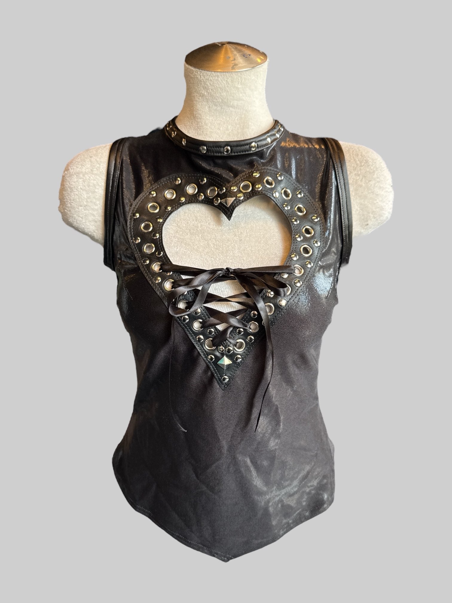 S Rare “My Little Halo” handcrafted top with pleather and studded heart cutout lace up detail