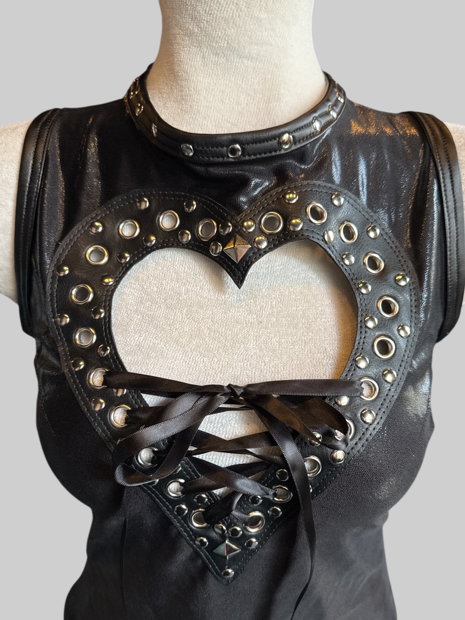 S Rare “My Little Halo” handcrafted top with pleather and studded heart cutout lace up detail