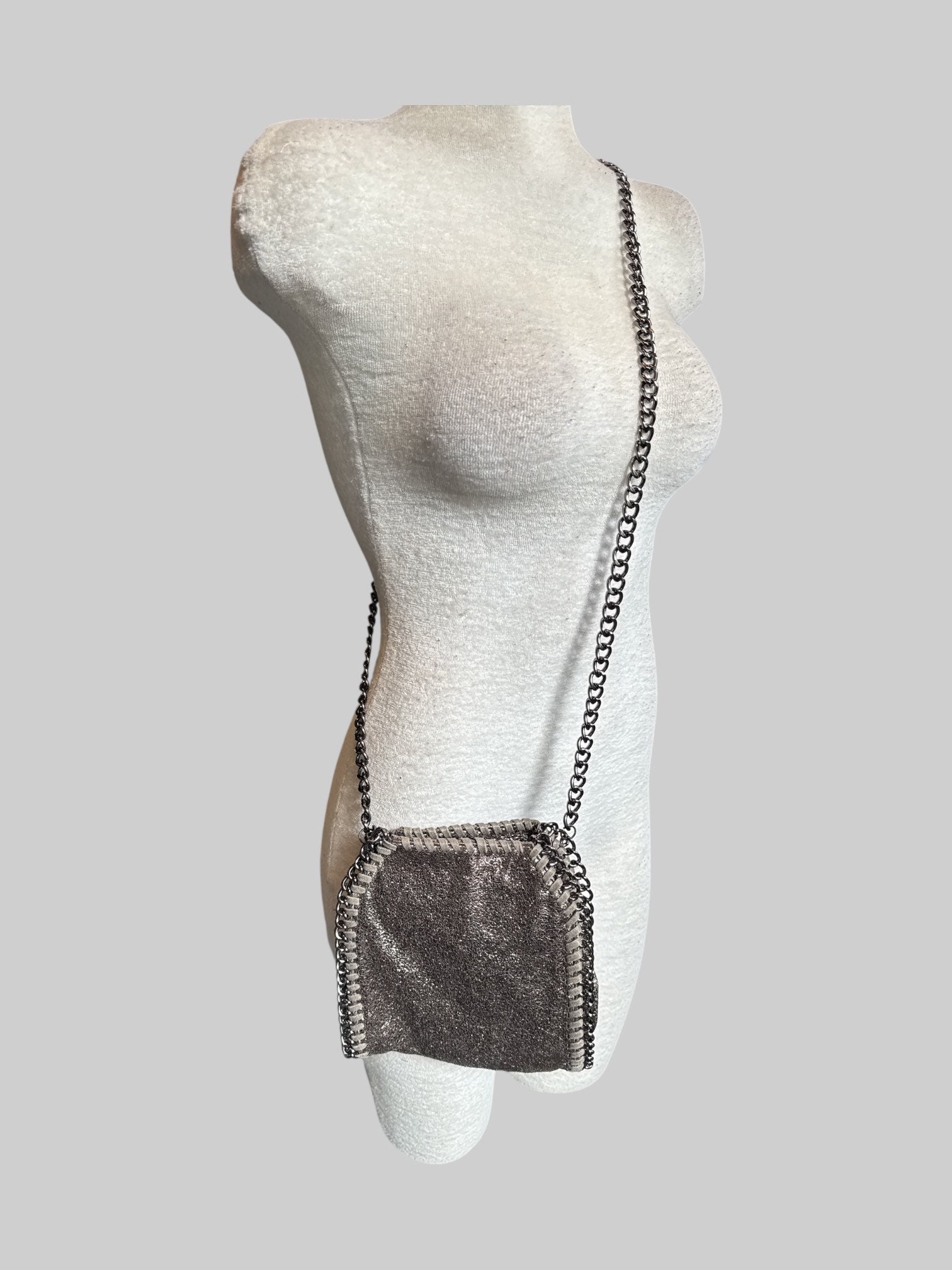 Silver small bag with chain handles and crossbody strap