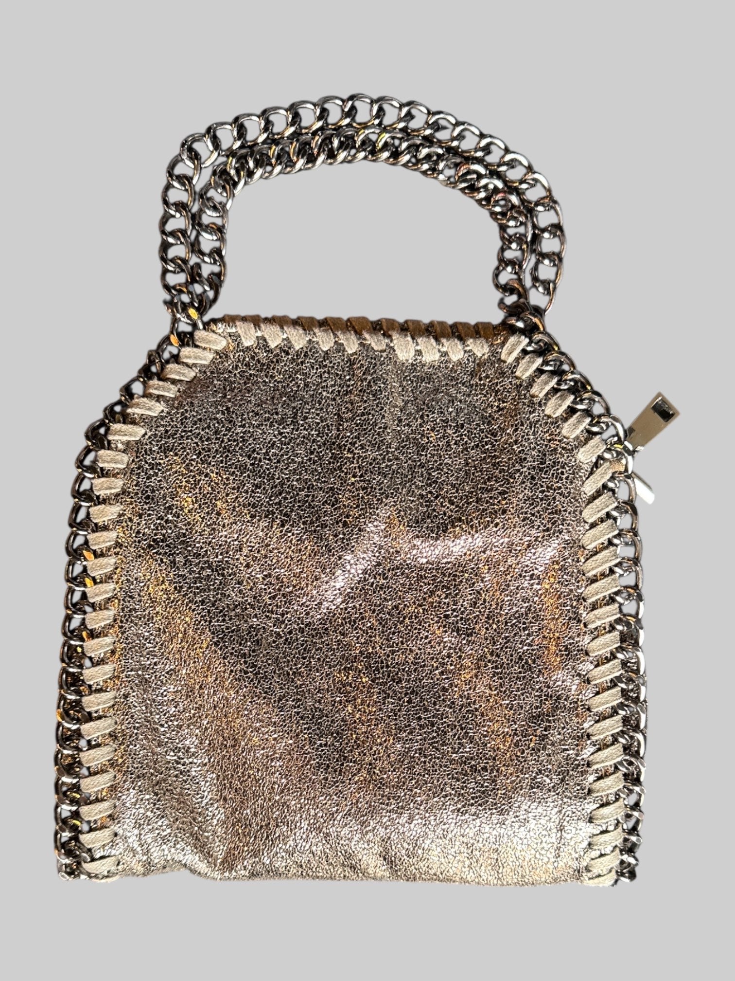 Silver small bag with chain handles and crossbody strap