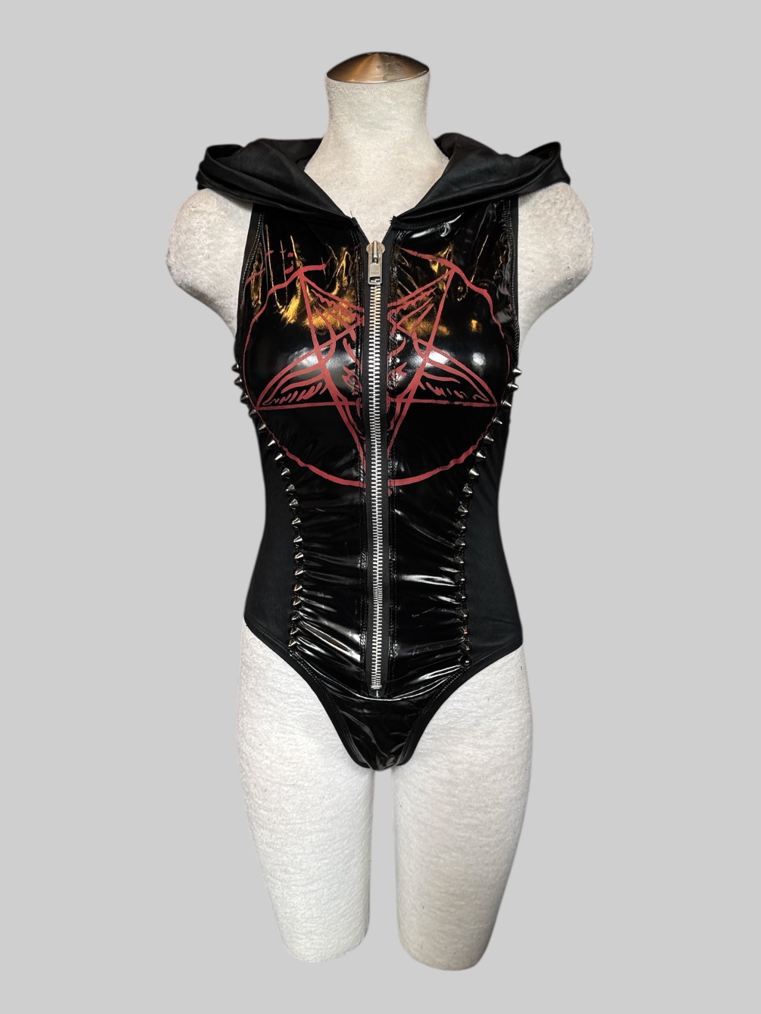 S Toxic Vision black label pentagram studded bodysuit with studded oversized hood