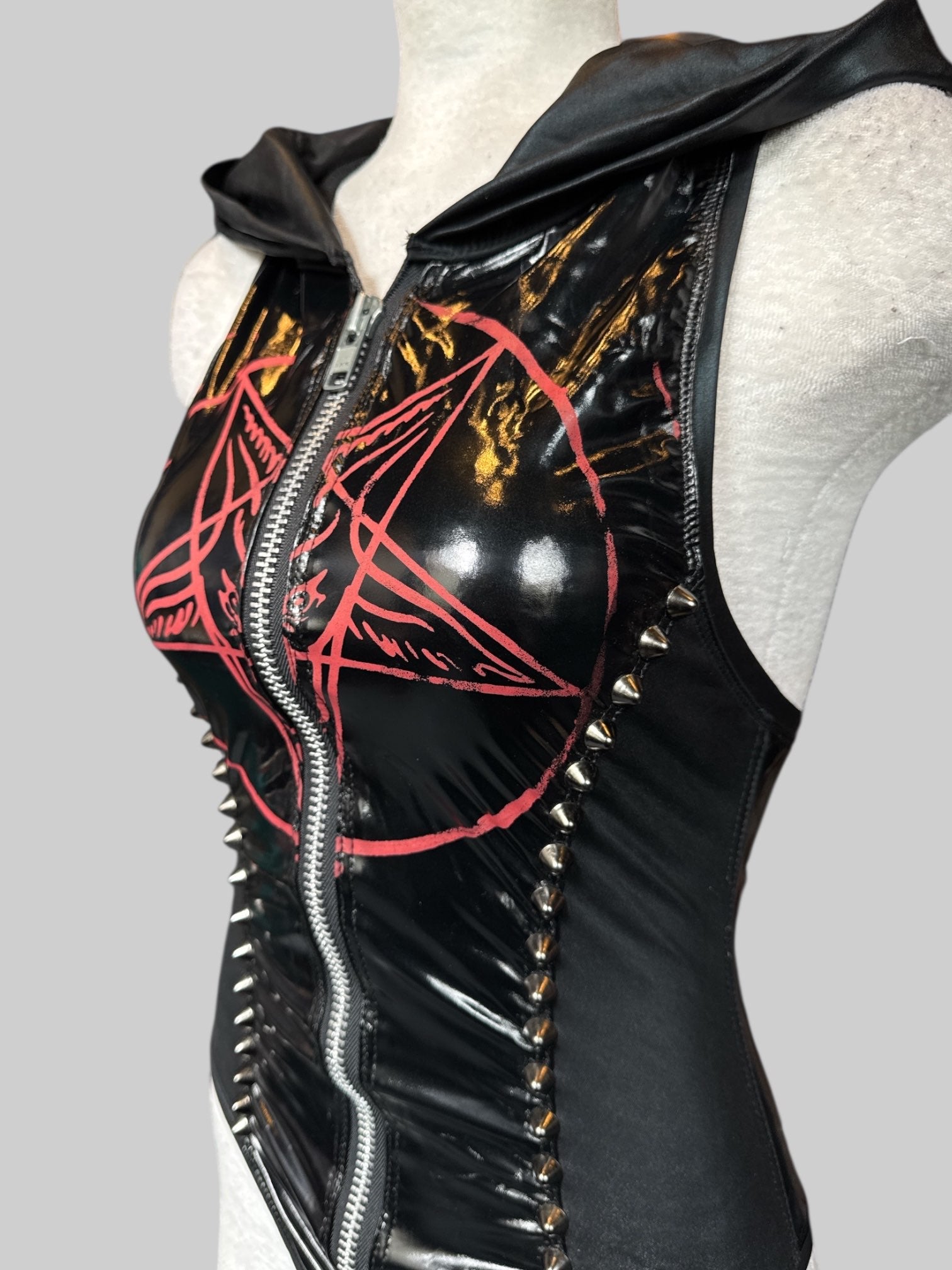 S Toxic Vision black label pentagram studded bodysuit with studded oversized hood