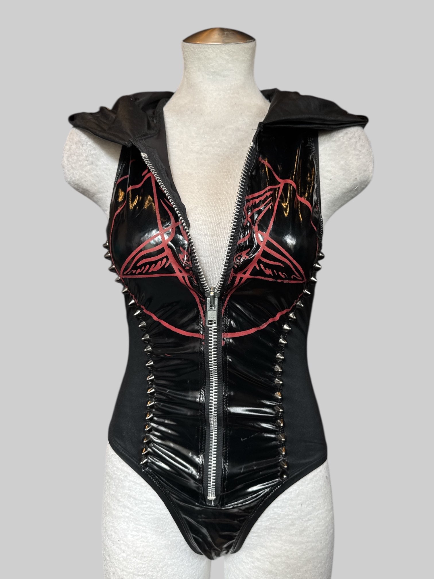S Toxic Vision black label pentagram studded bodysuit with studded oversized hood