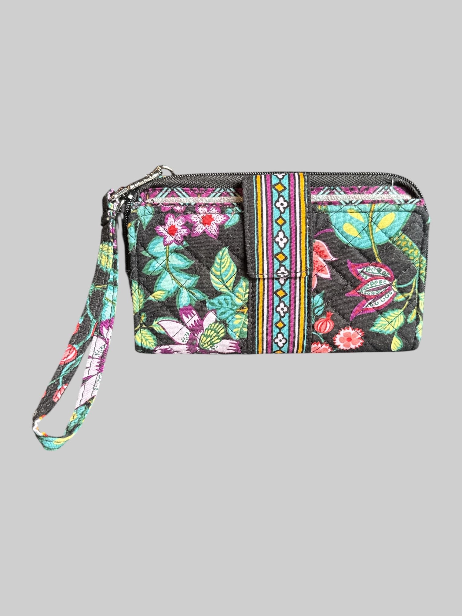 Black floral wallet with wristlet and multiple pockets