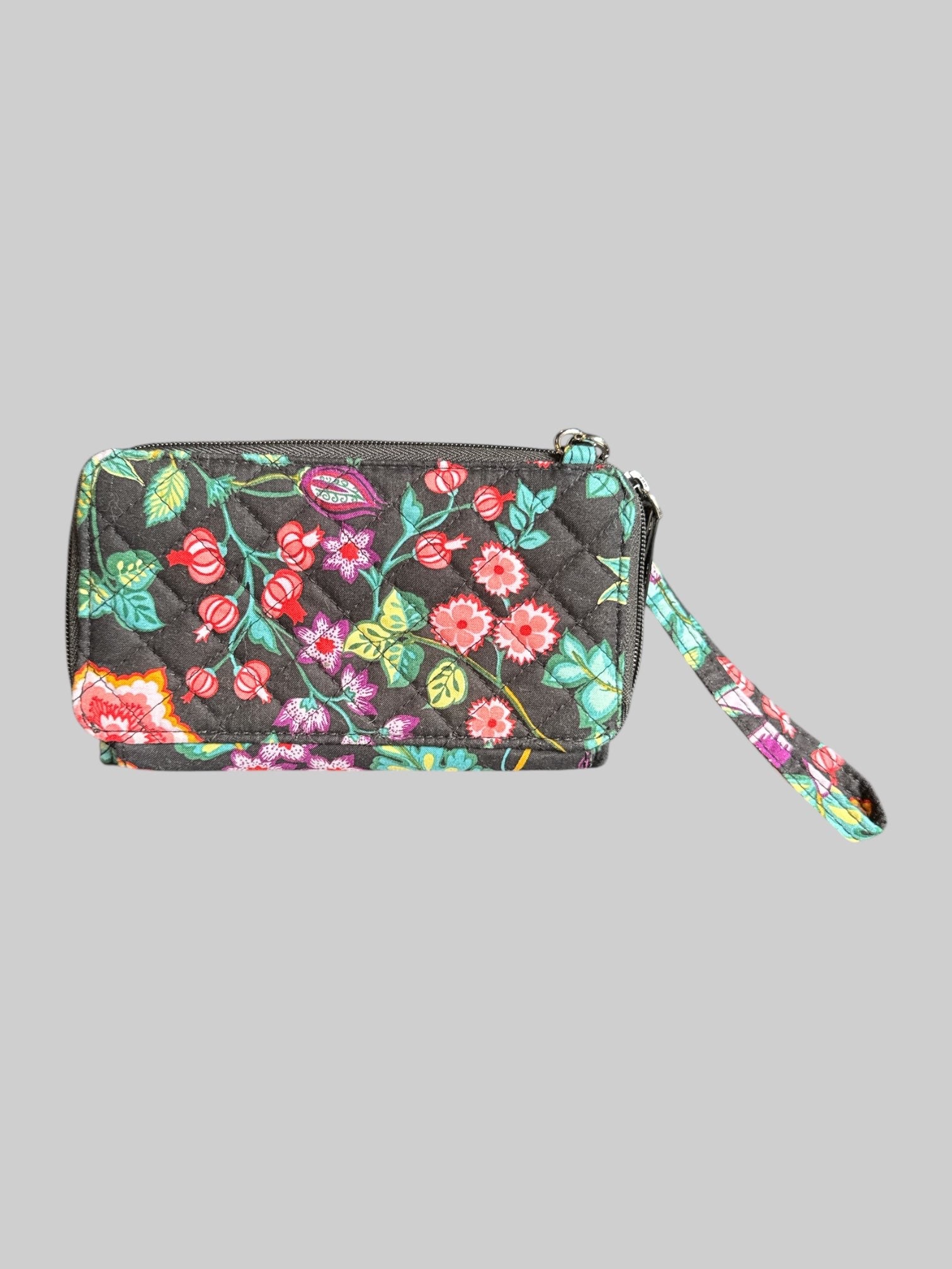 Black floral wallet with wristlet and multiple pockets