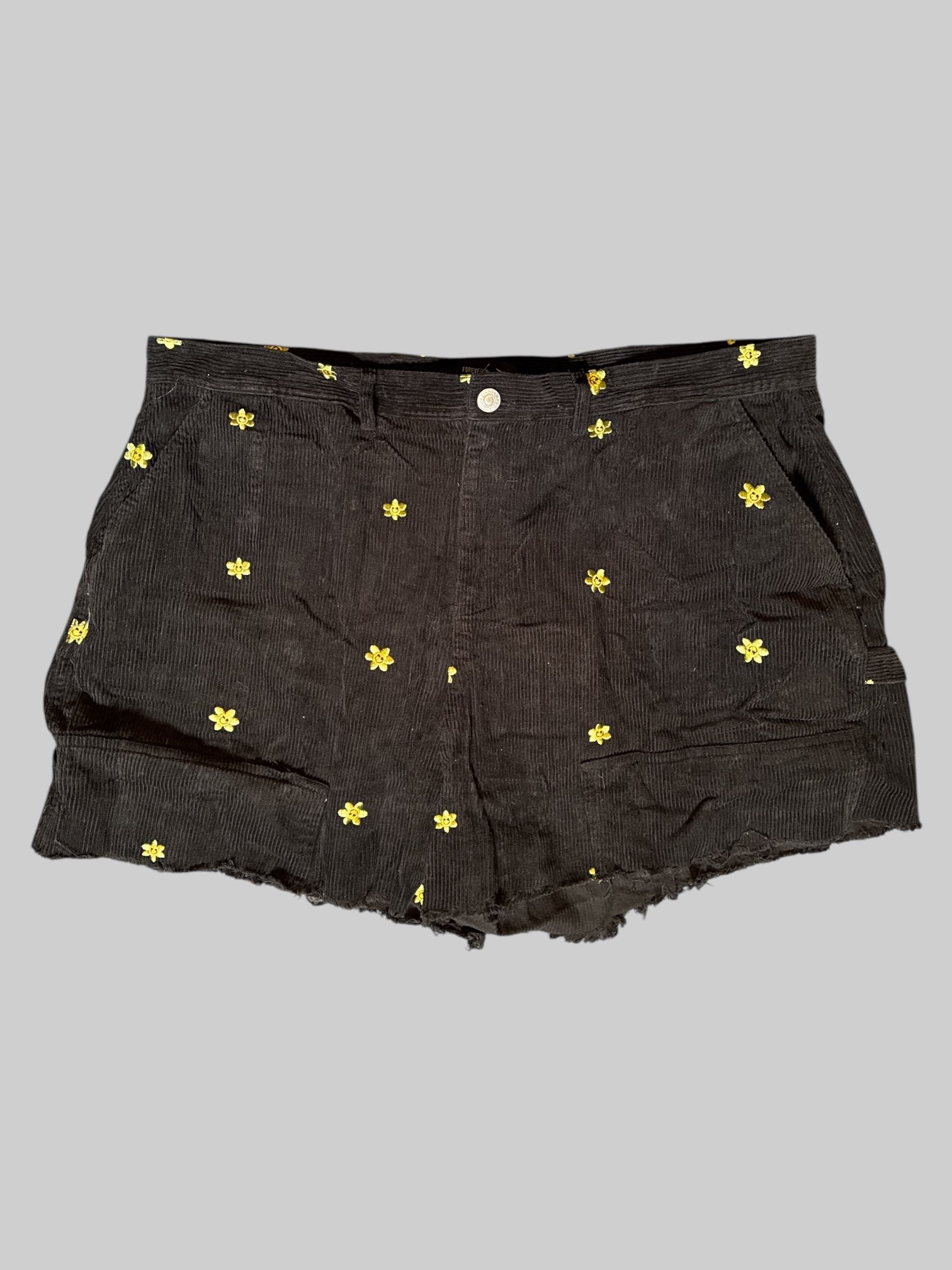 1X Black corduroy cut off shorts with smiley flowers