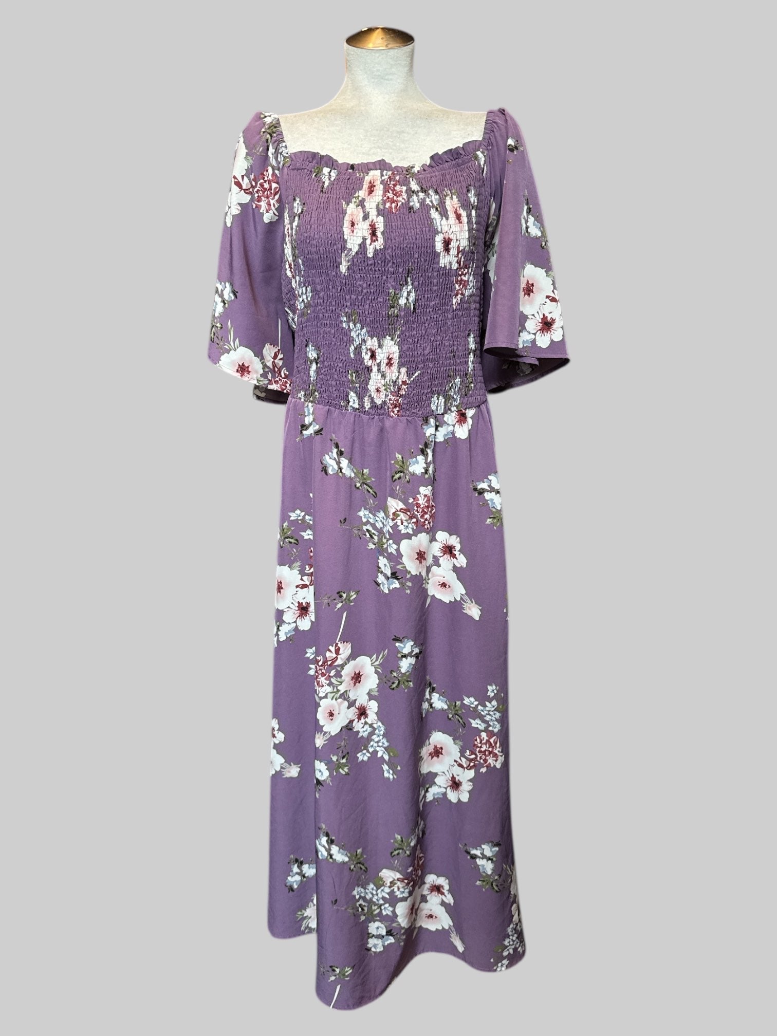5X Flowy purple dress with shirred top, multi color florals, and flowy sleeves