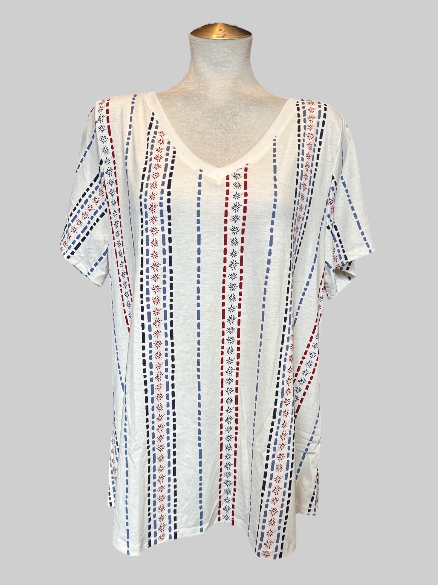 2X White t shirts with geometric blue and red pattern