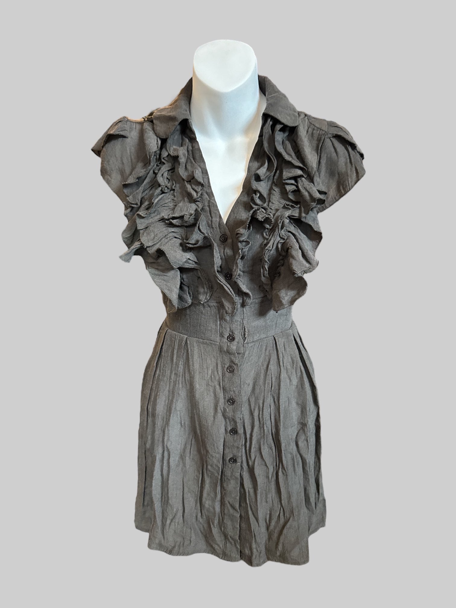 M Grey lightweight mini dress with ruffle chest and belt loops