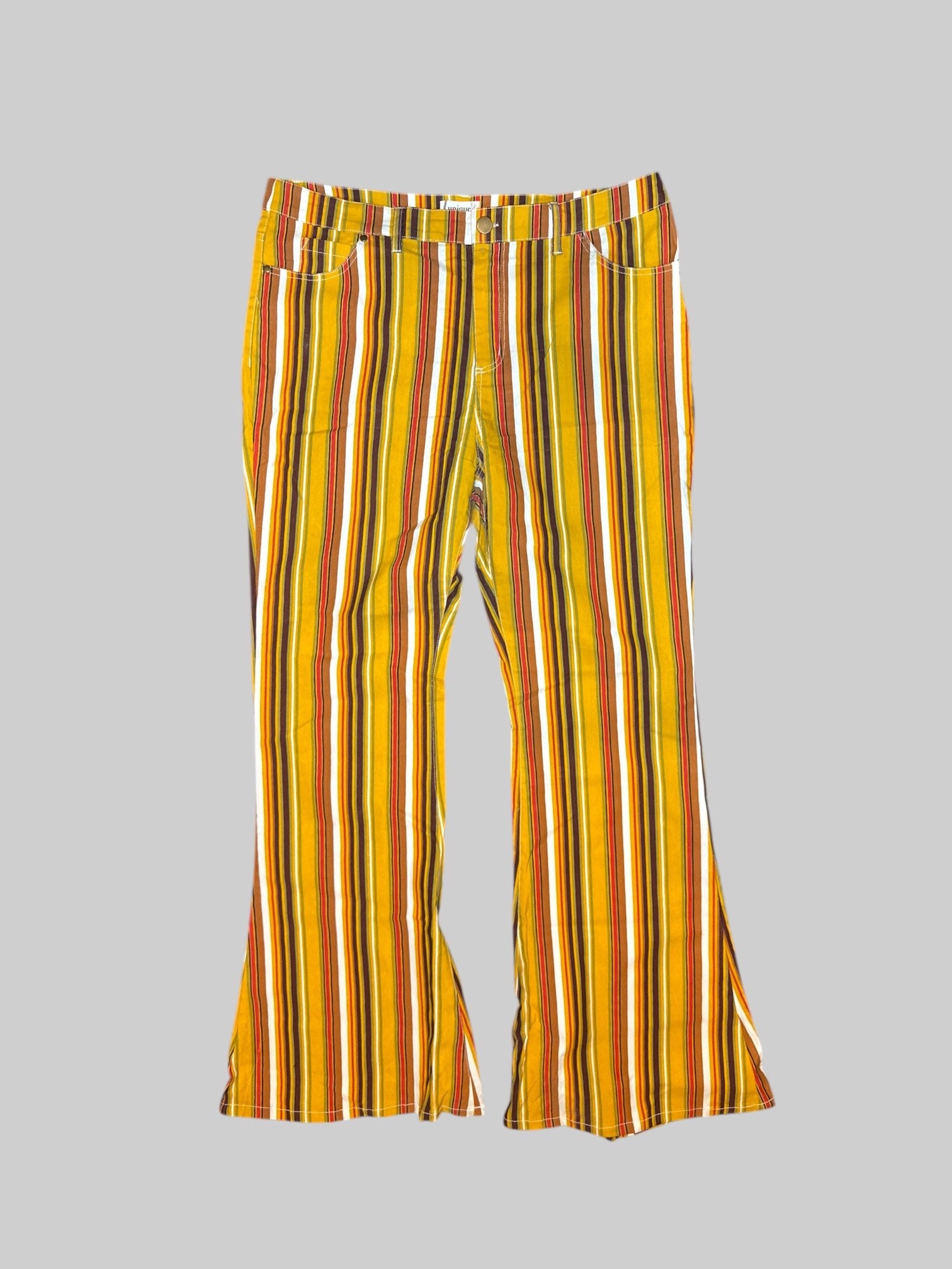 XL Gold, brown, & multicolor stripe high waist bell bottom pants w/ pockets, belt loops, & button/zipper closure