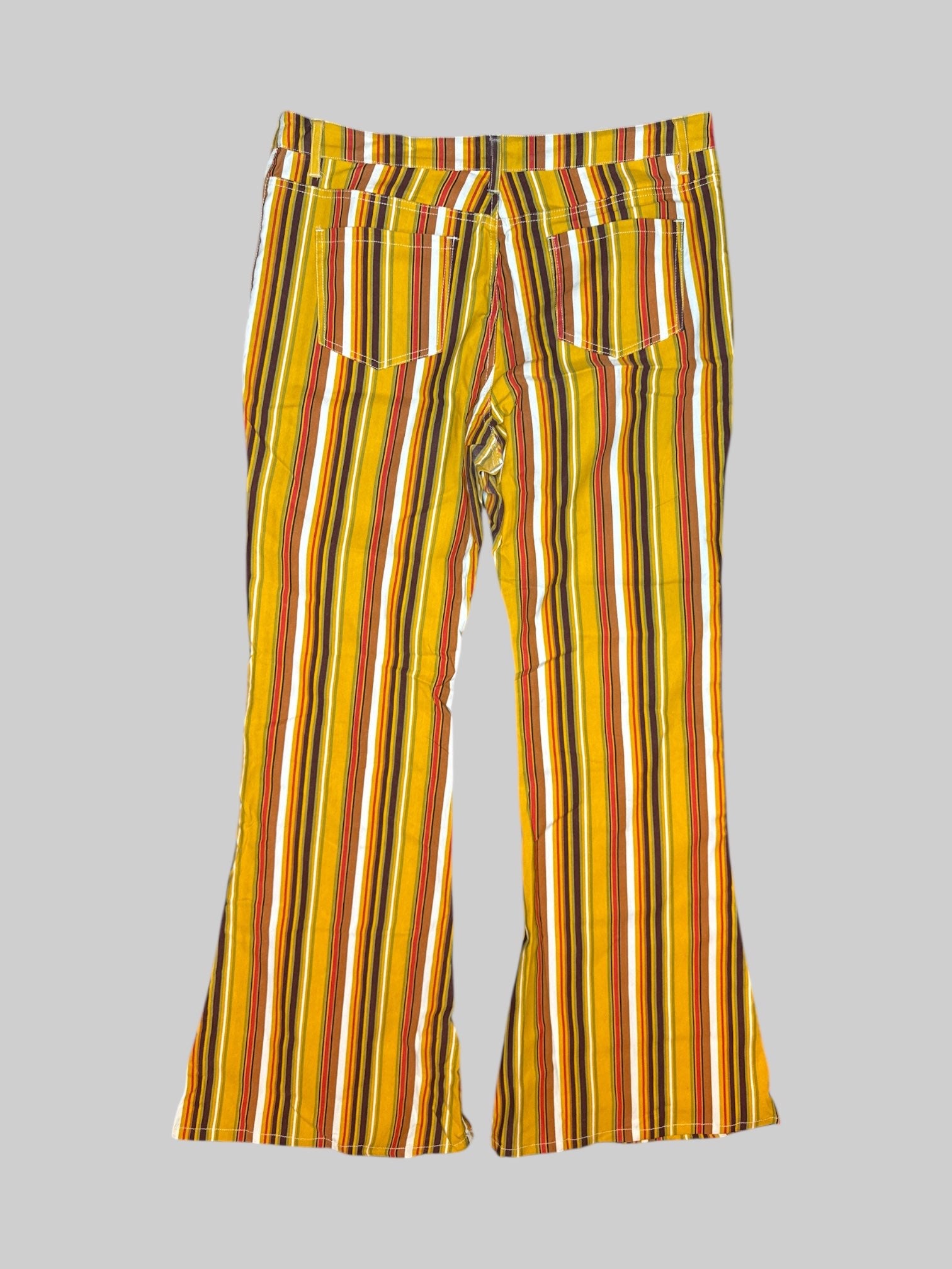 XL Gold, brown, & multicolor stripe high waist bell bottom pants w/ pockets, belt loops, & button/zipper closure