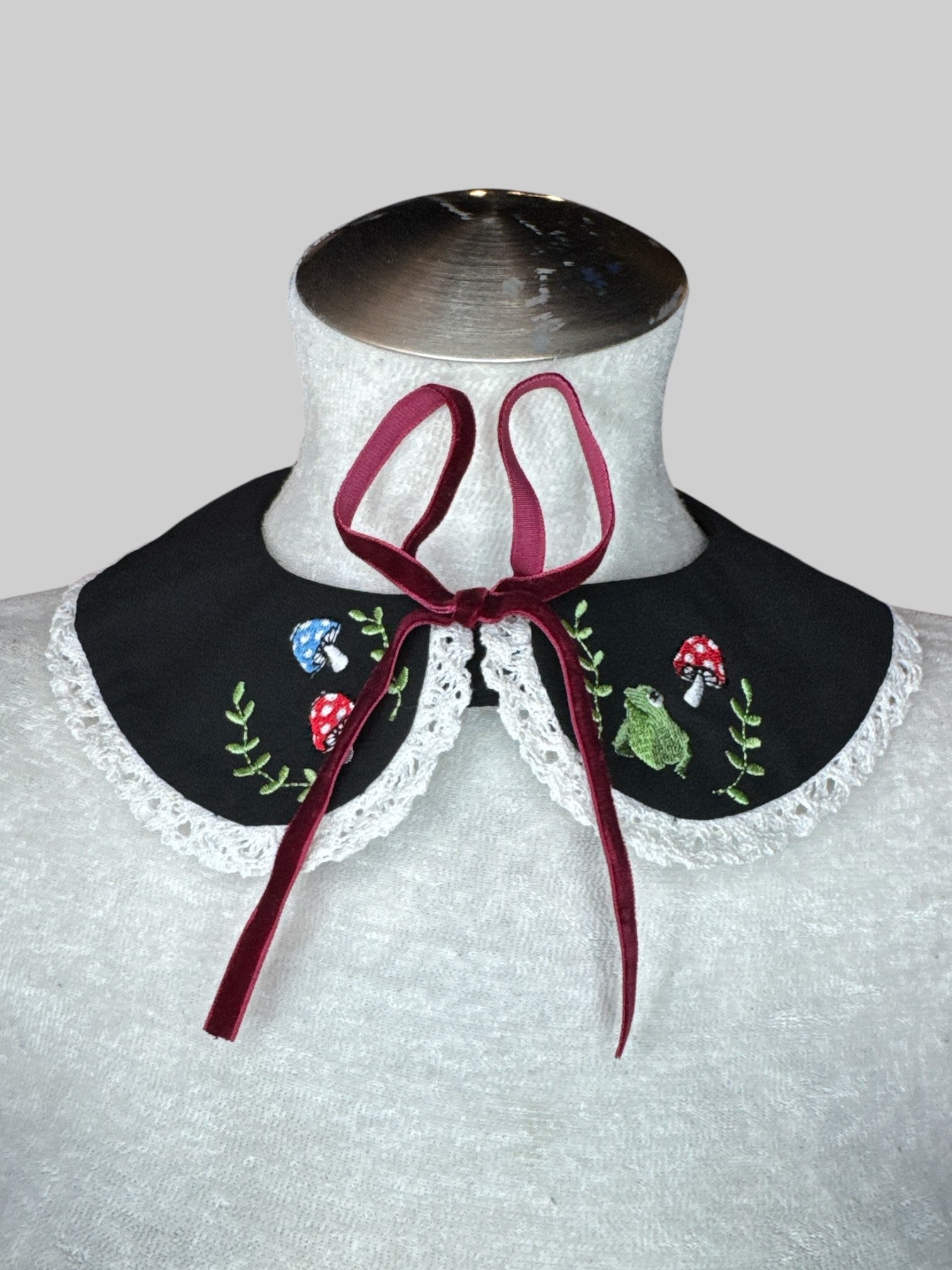 Mushroom and frog embroidery collar style necklace with faux  maroon velvet tie on front