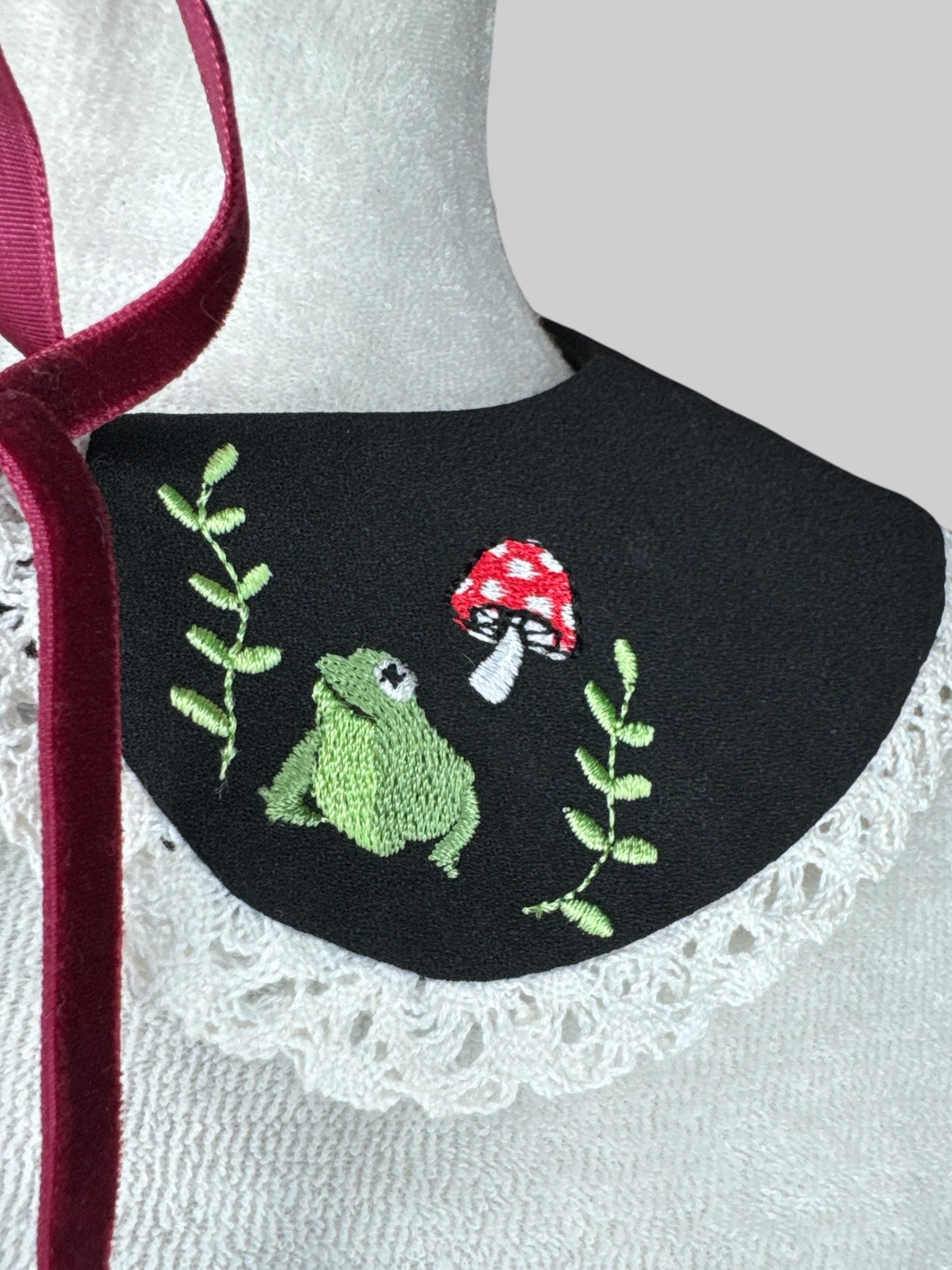 Mushroom and frog embroidery collar style necklace with faux  maroon velvet tie on front