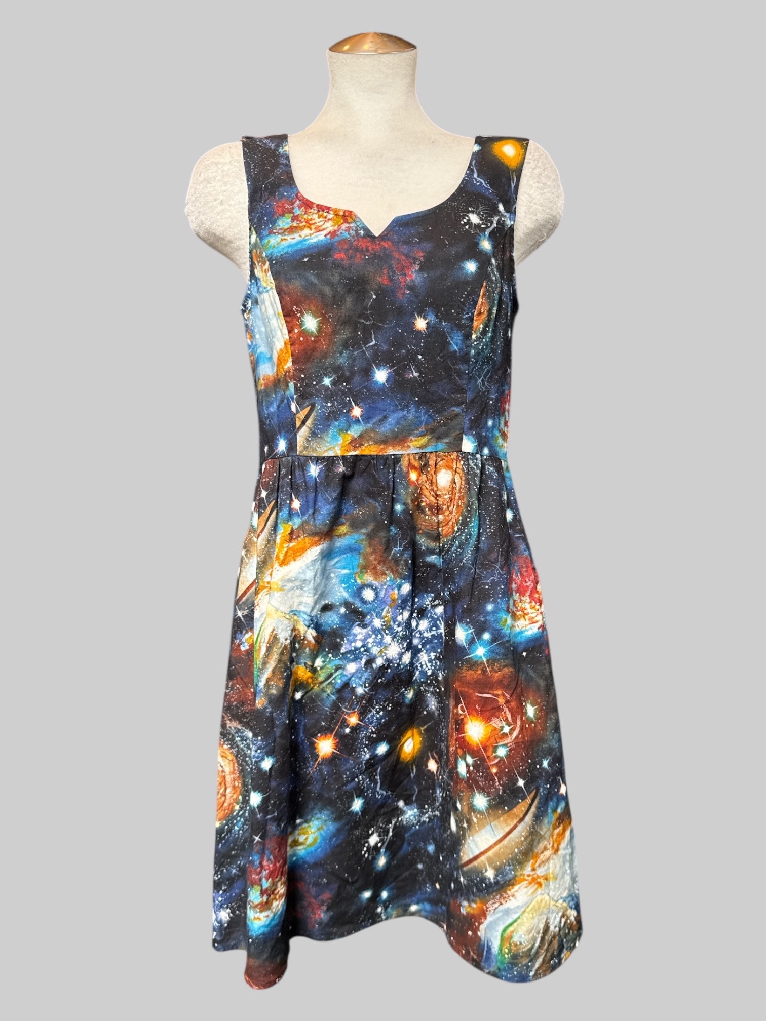 M ModCloth galaxy print fit and flare dress with back zipper