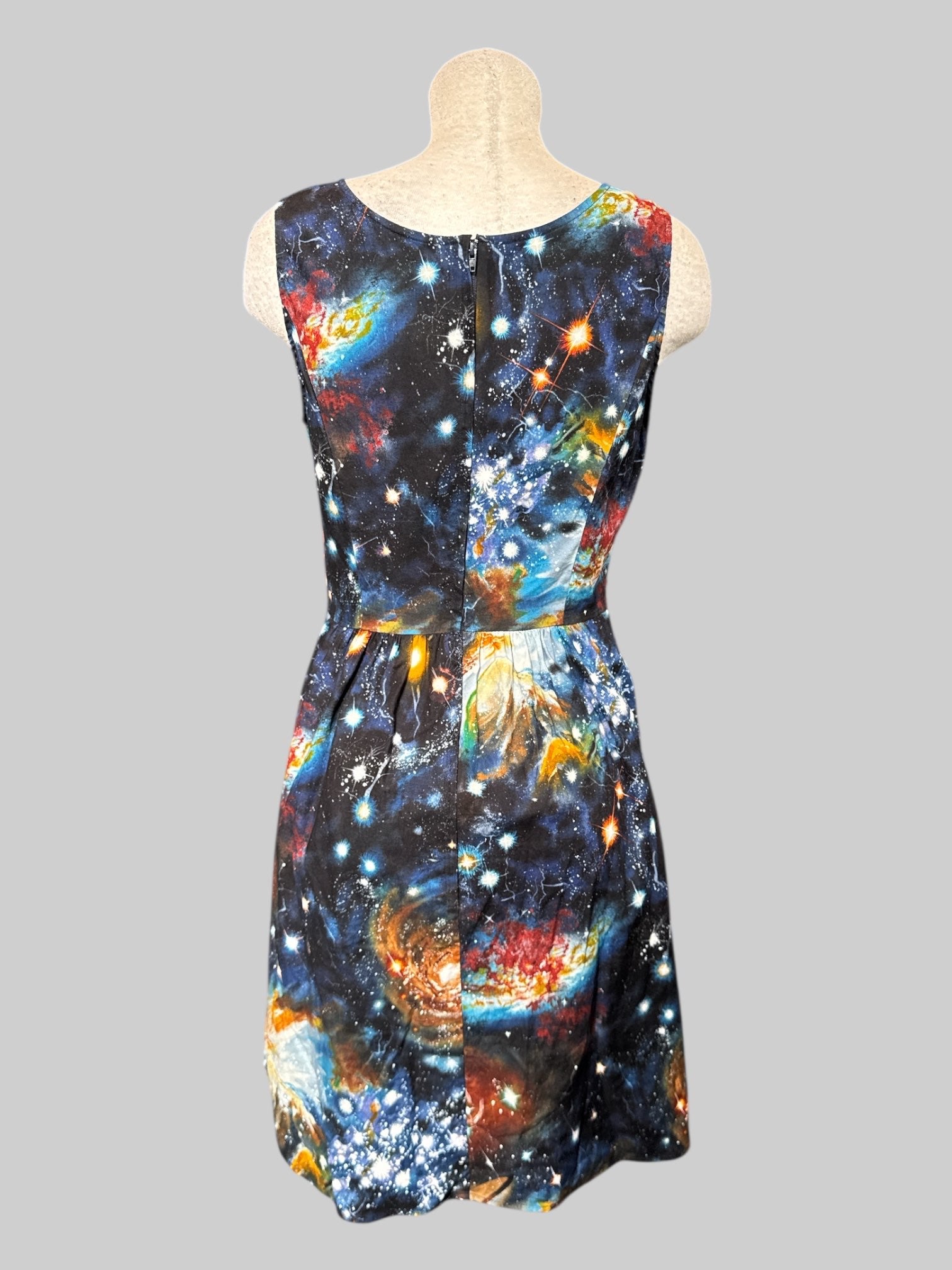 M ModCloth galaxy print fit and flare dress with back zipper