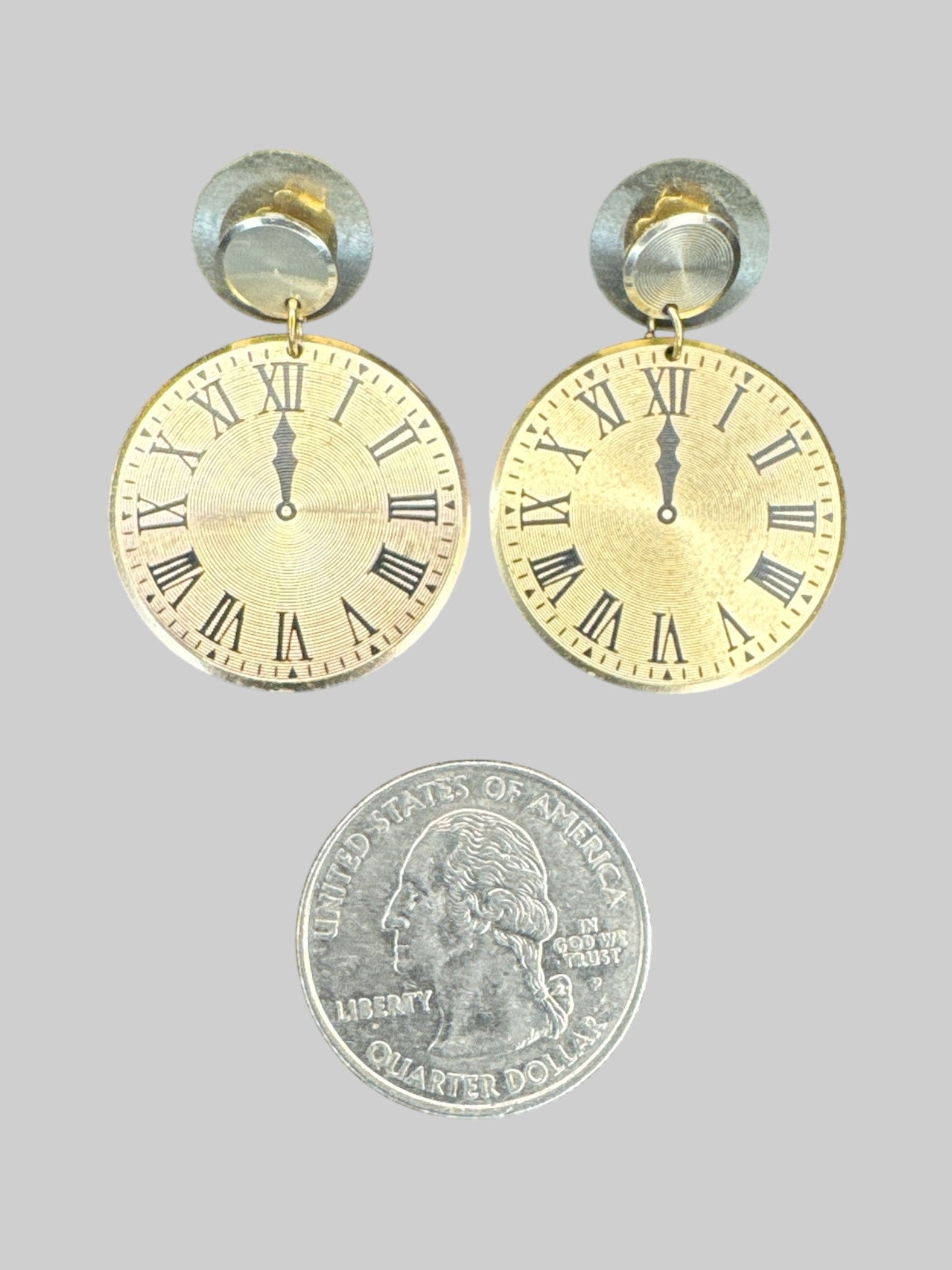 Brass tone clock face earrings with Roman numerals