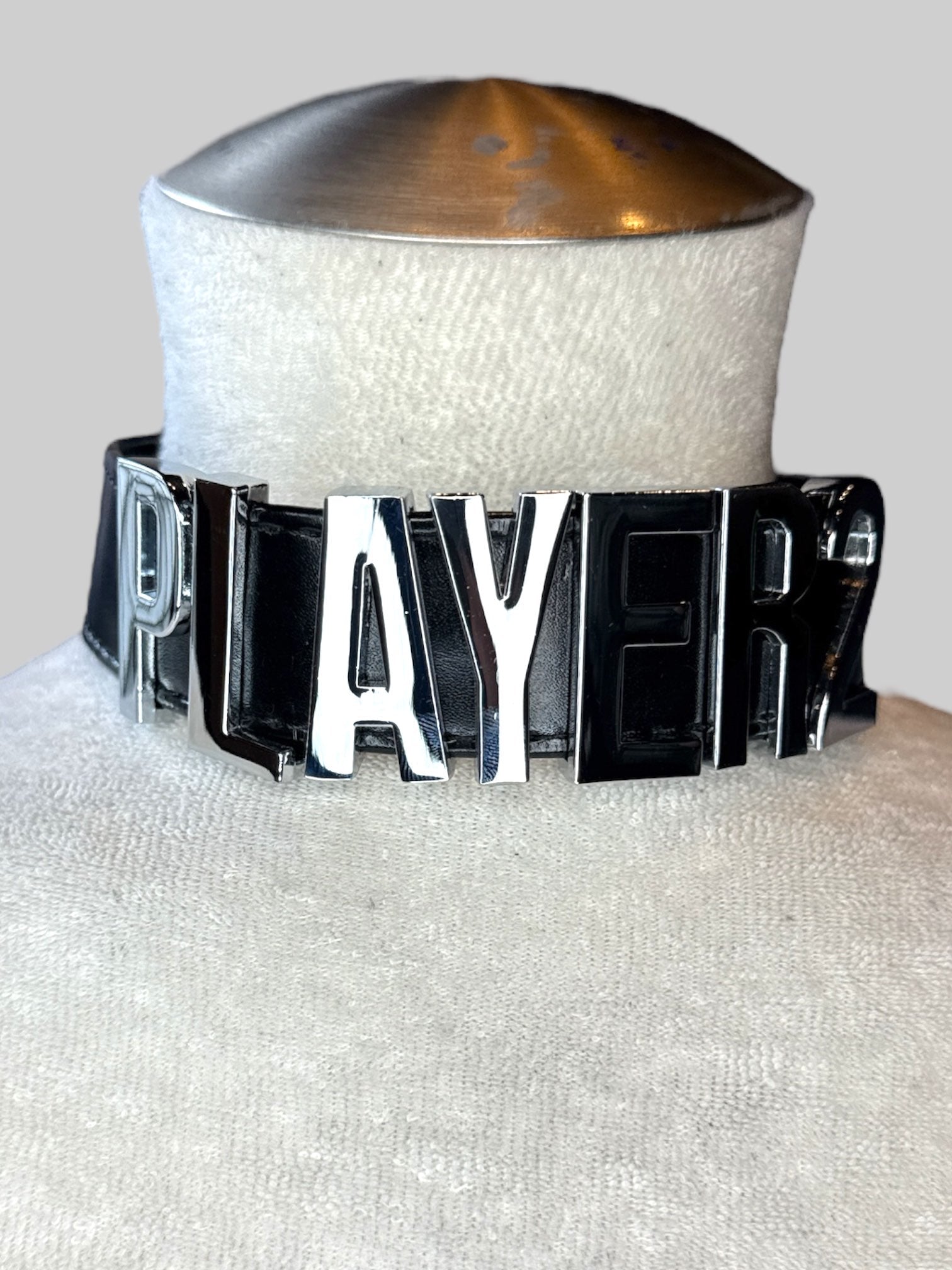 Black pleather thick choker with metal “Player 2” letters