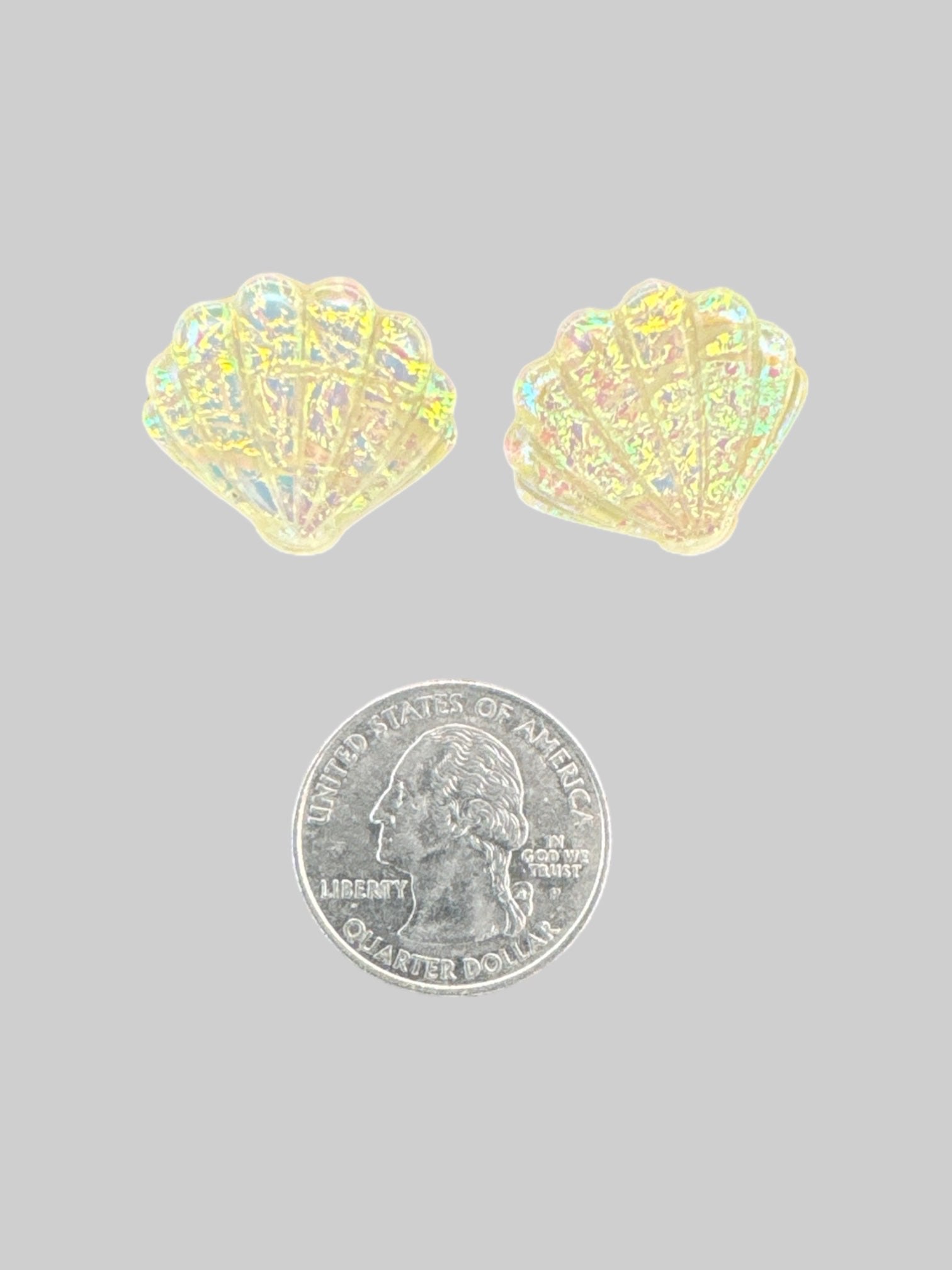 White glittery iridescent scallop shell stud earrings