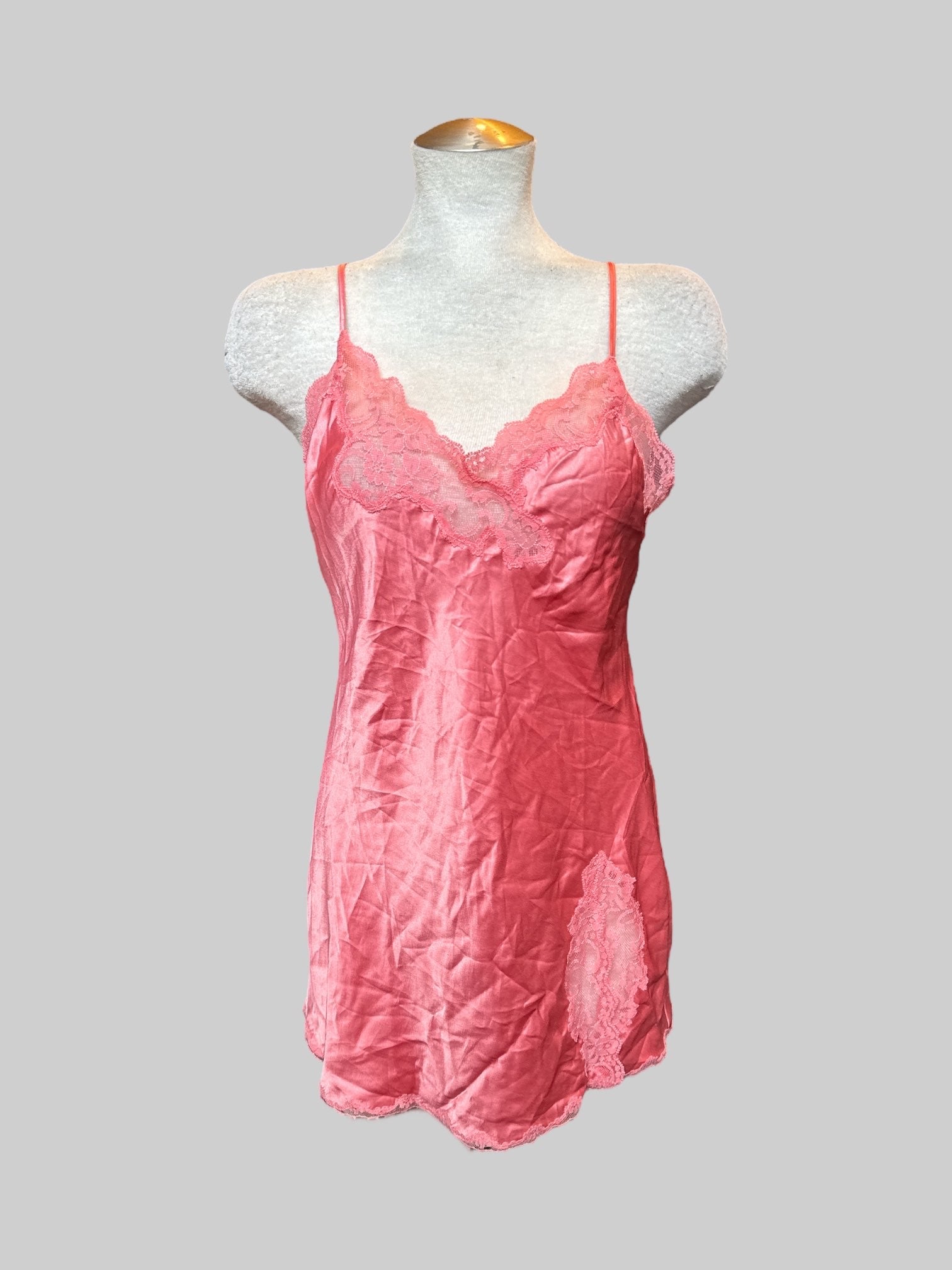 M Vintage pink satin like slip dress with lace, slit on hem, and tie on back