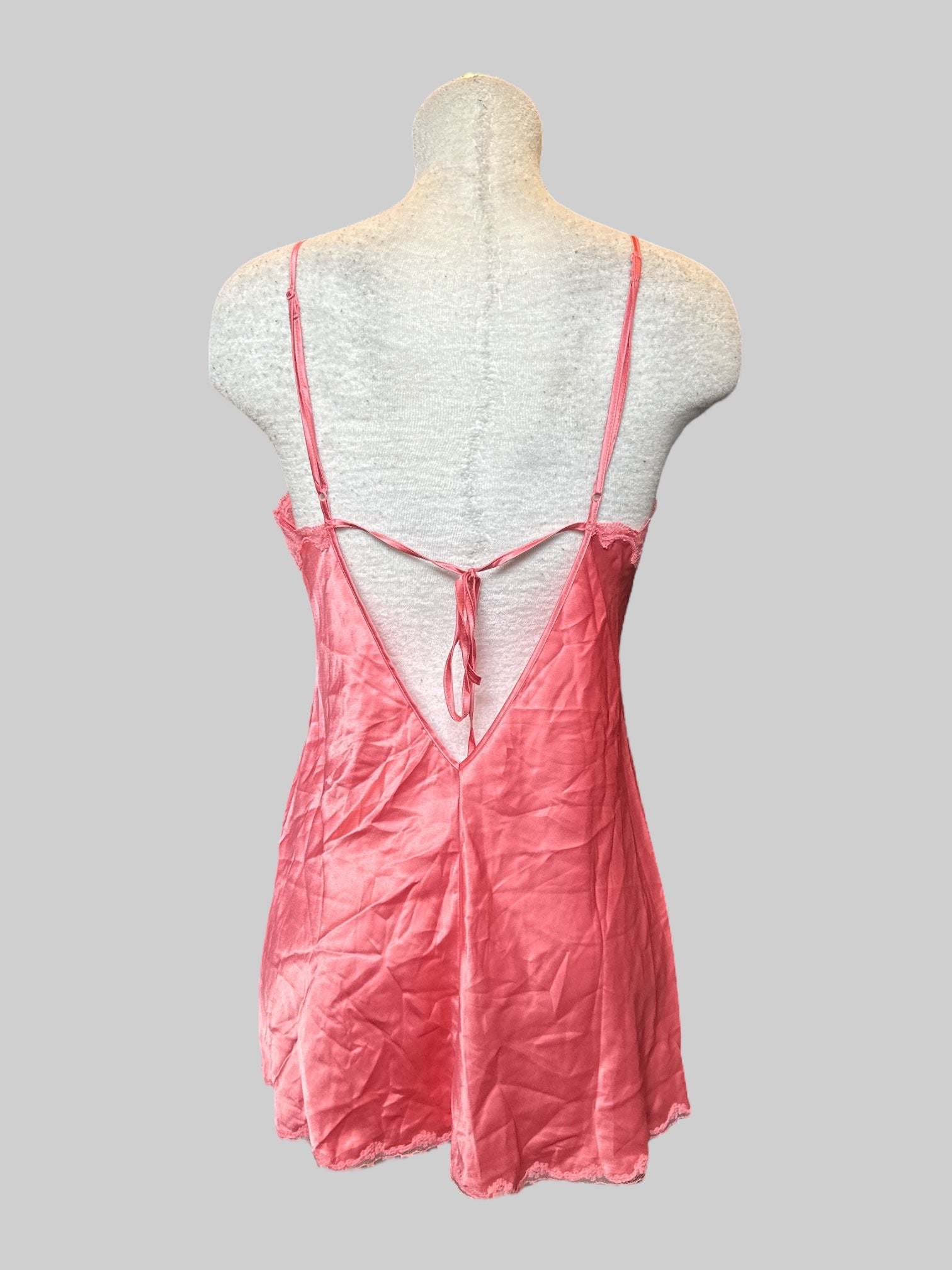 M Vintage pink satin like slip dress with lace, slit on hem, and tie on back