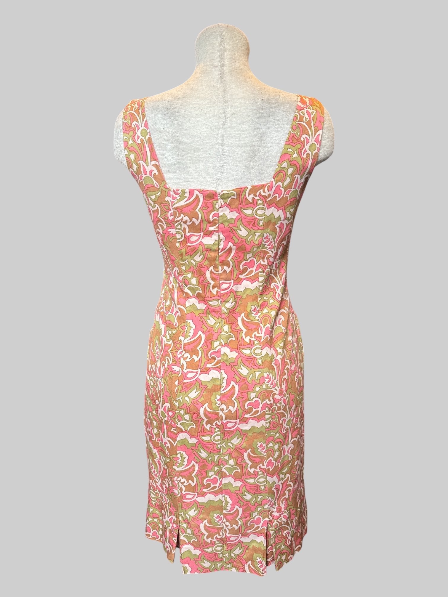 M White brown, pink and green paisley sleeveless dress with square neckline and zipper on back