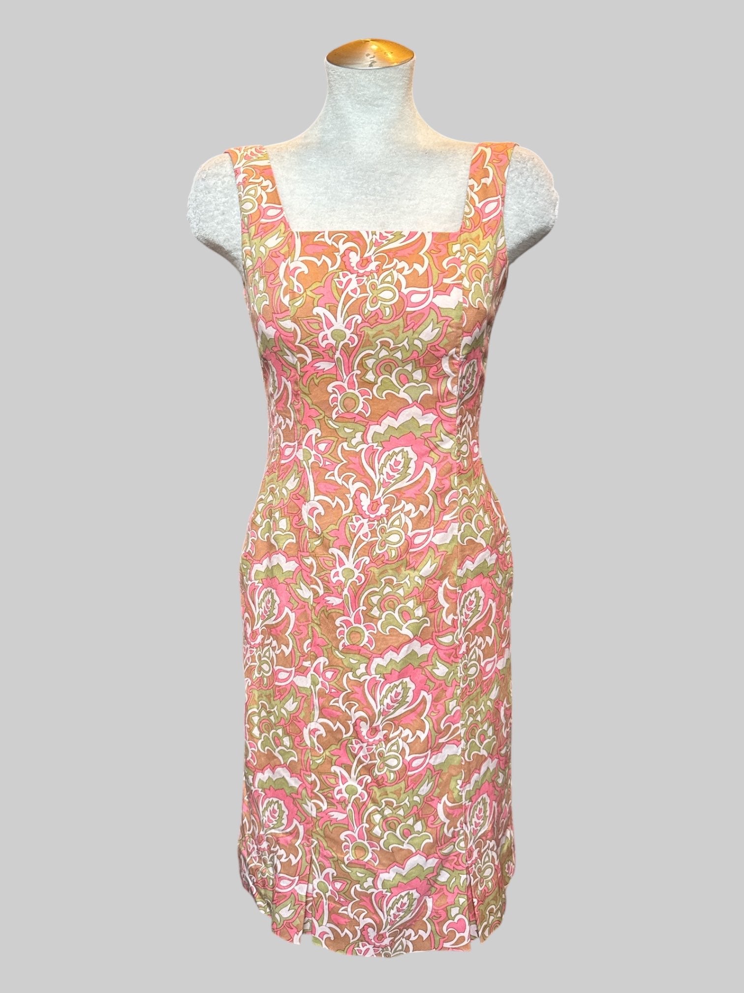 M White brown, pink and green paisley sleeveless dress with square neckline and zipper on back