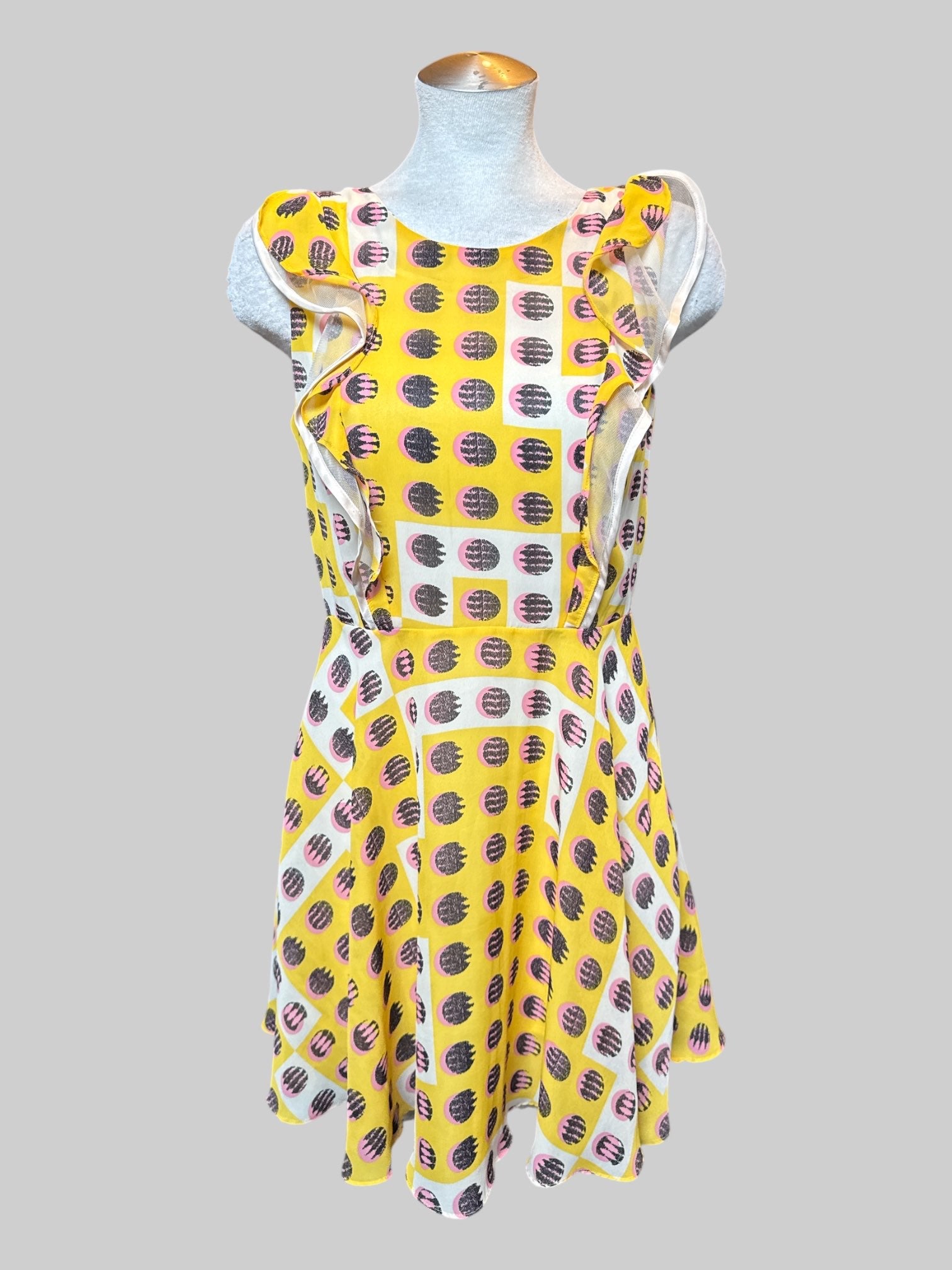 M Yellow, off-white, black and pink dress with streaky circle design and lace ruffle sleeve detail
