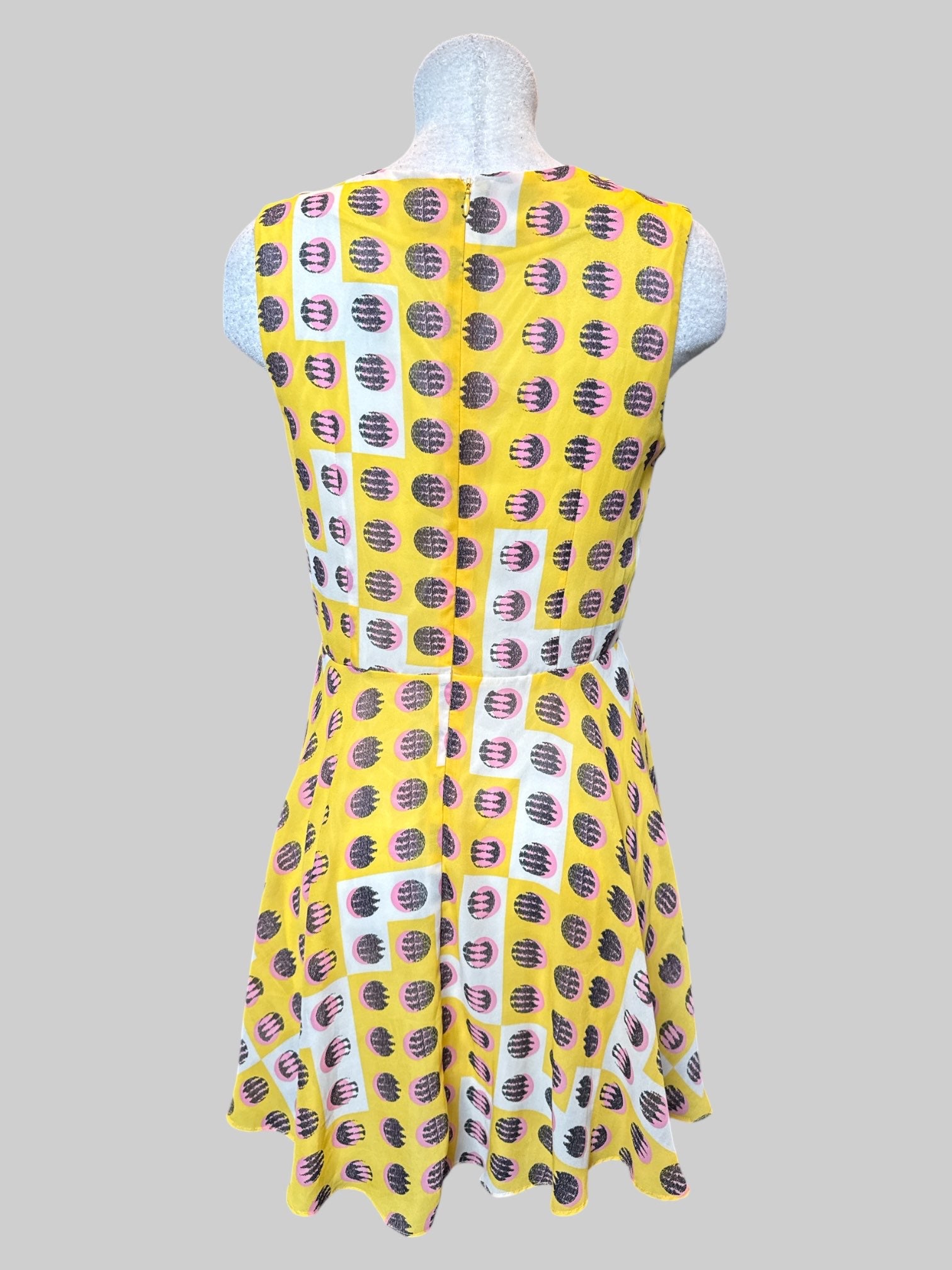 M Yellow, off-white, black and pink dress with streaky circle design and lace ruffle sleeve detail