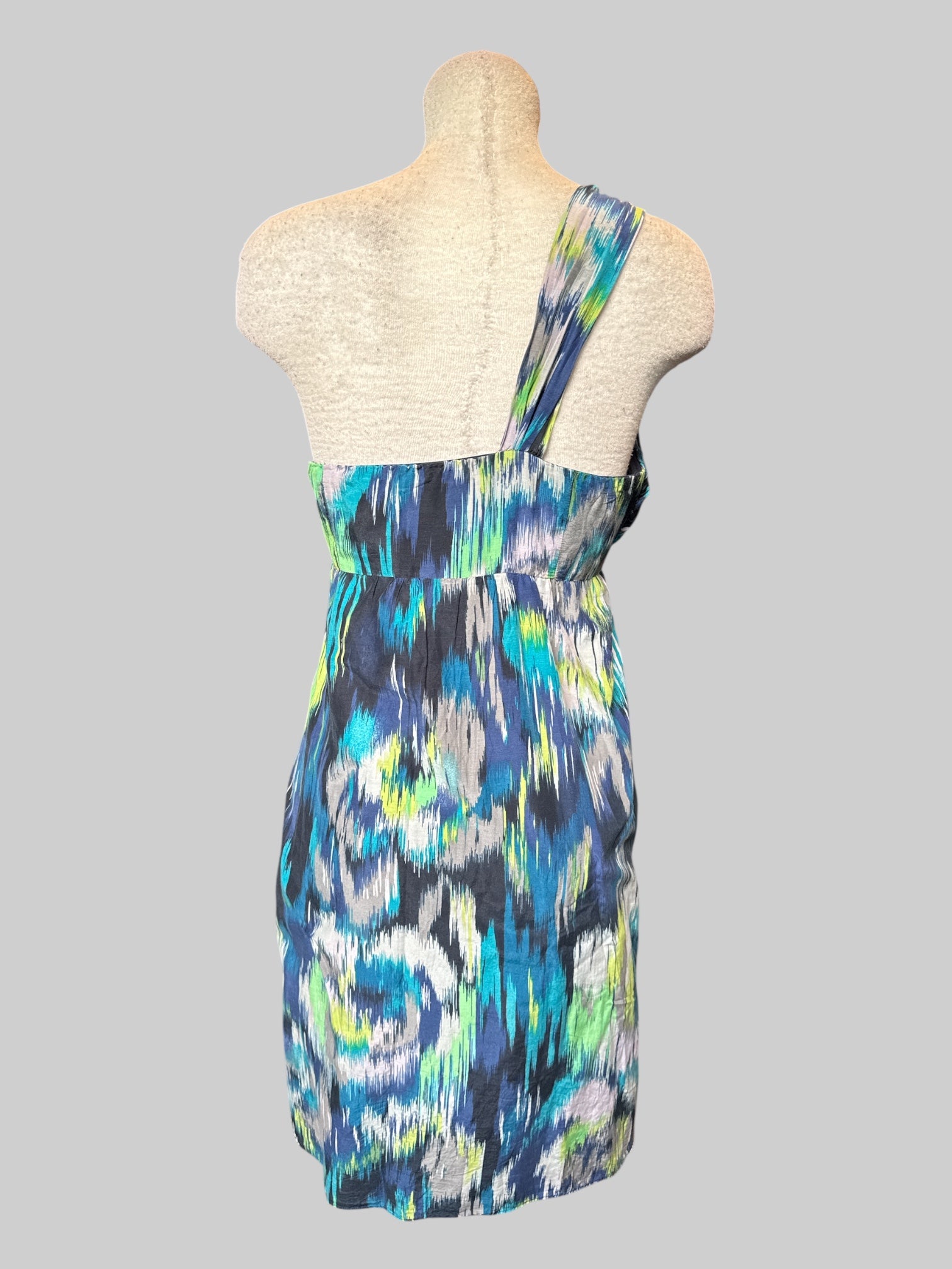 L Blue, green, white, black and purple dress with one shoulder strap and zipper on side $