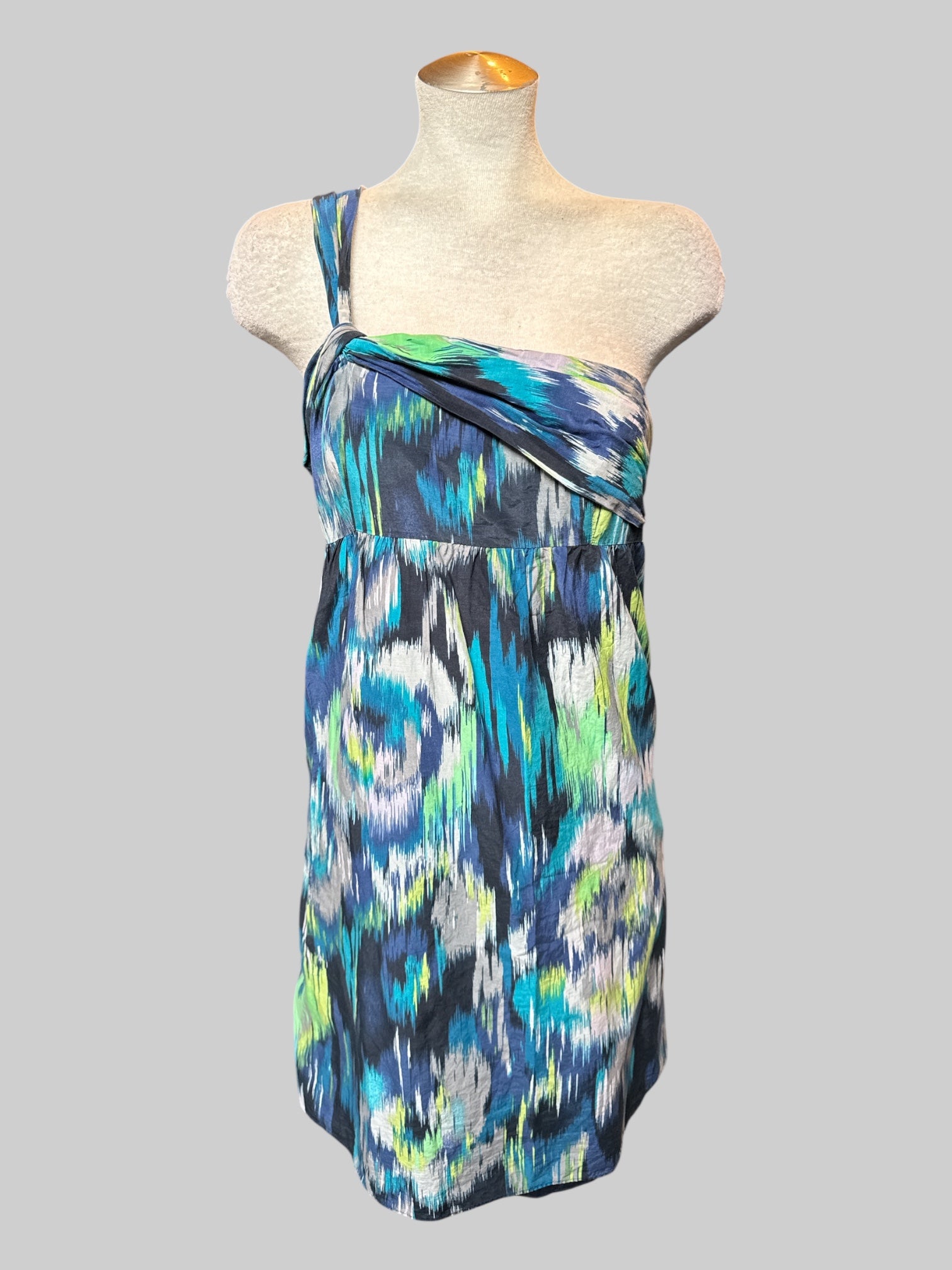 L Blue, green, white, black and purple dress with one shoulder strap and zipper on side $