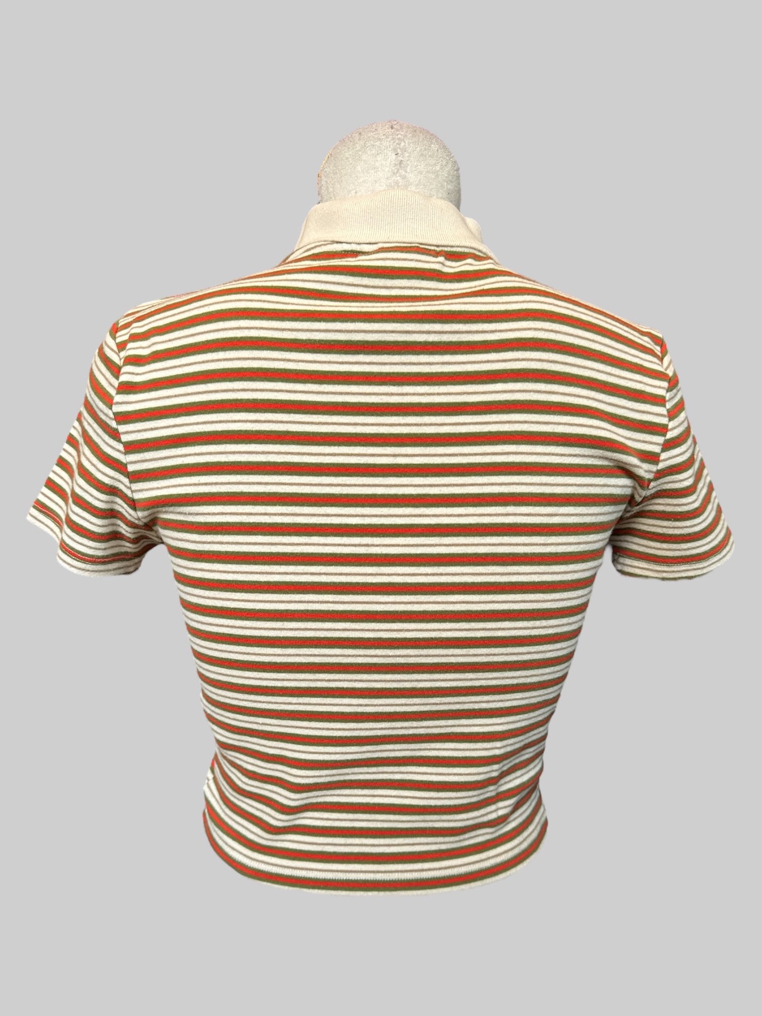 L Cream, orange, green and brown crop top polo with “ Monet” embroidery