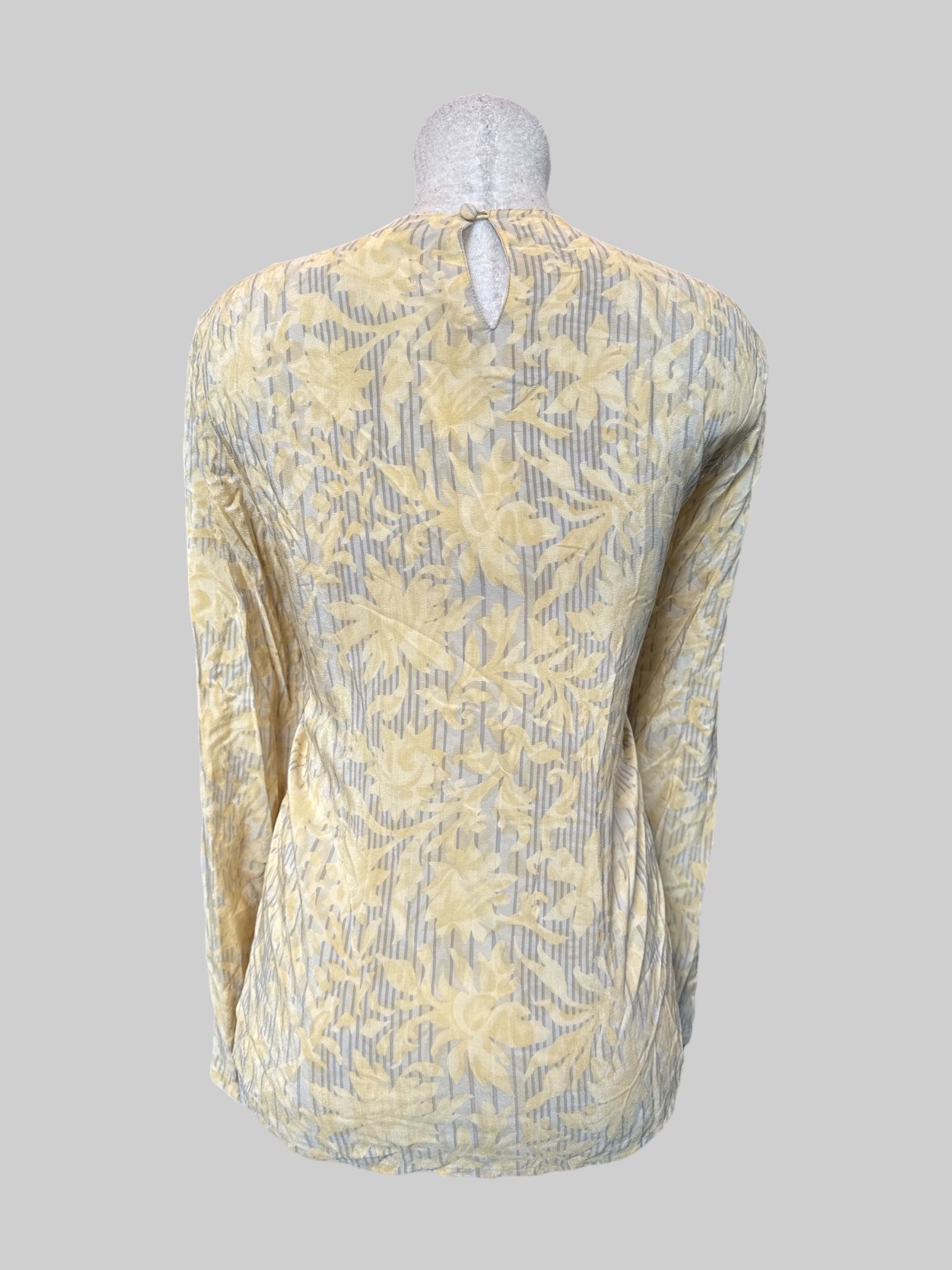 L Vintage white and grey striped long sleeve top with yellow florals