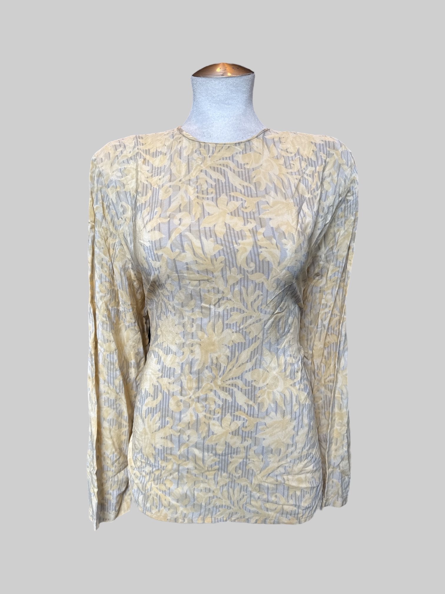 L Vintage white and grey striped long sleeve top with yellow florals