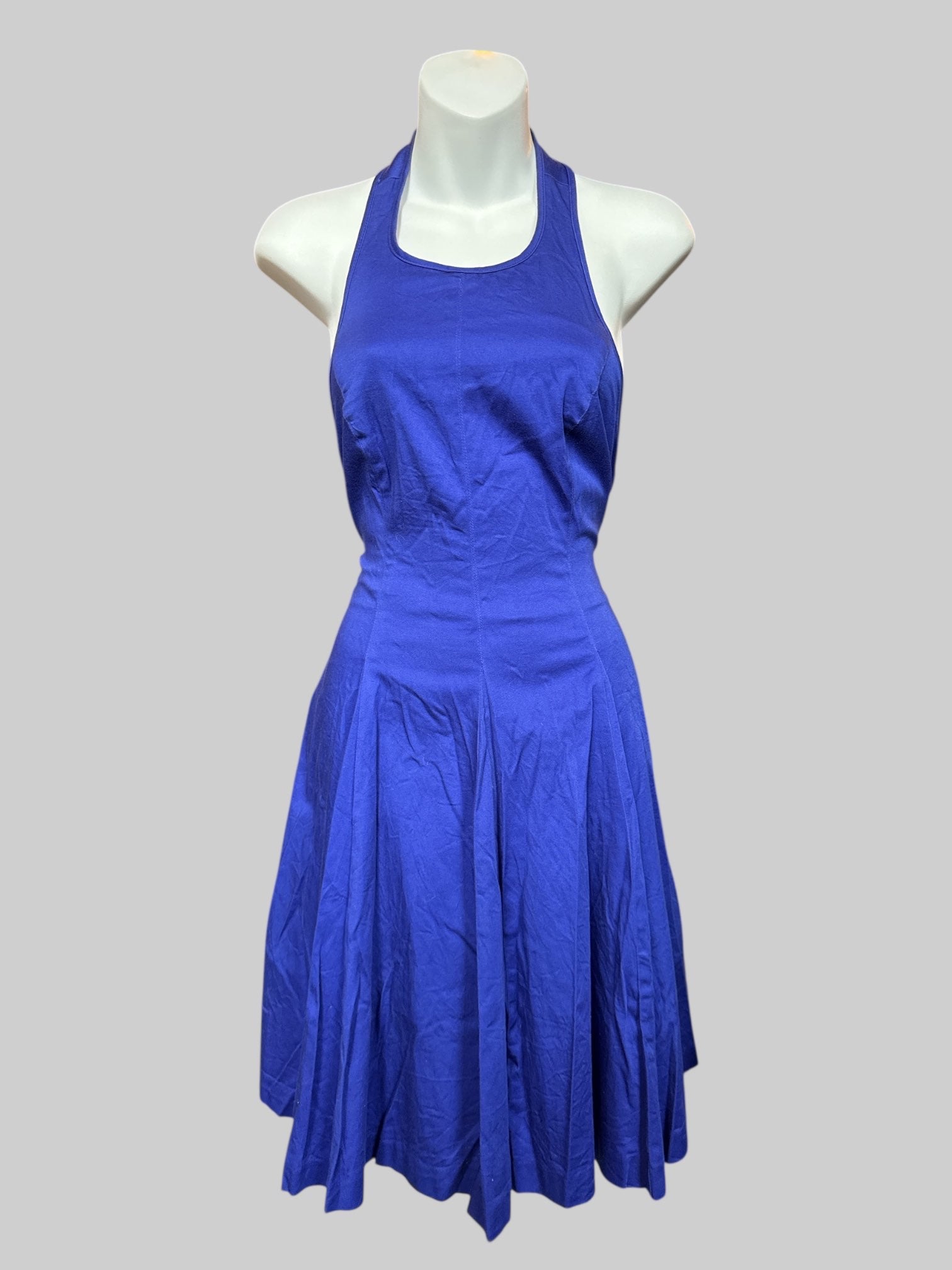 XS Blue fit and flare pleated dress with snap button halter top