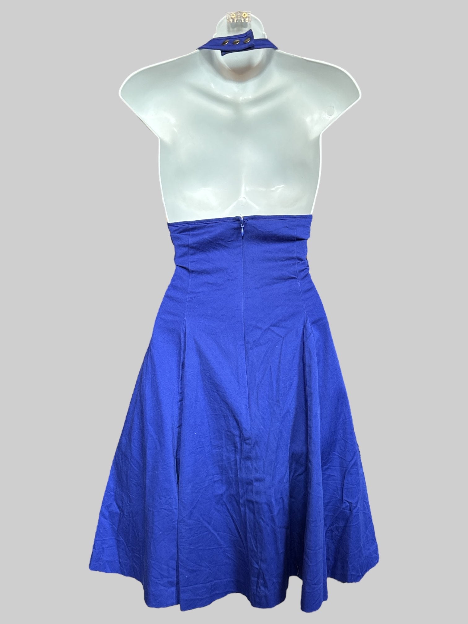 XS Blue fit and flare pleated dress with snap button halter top