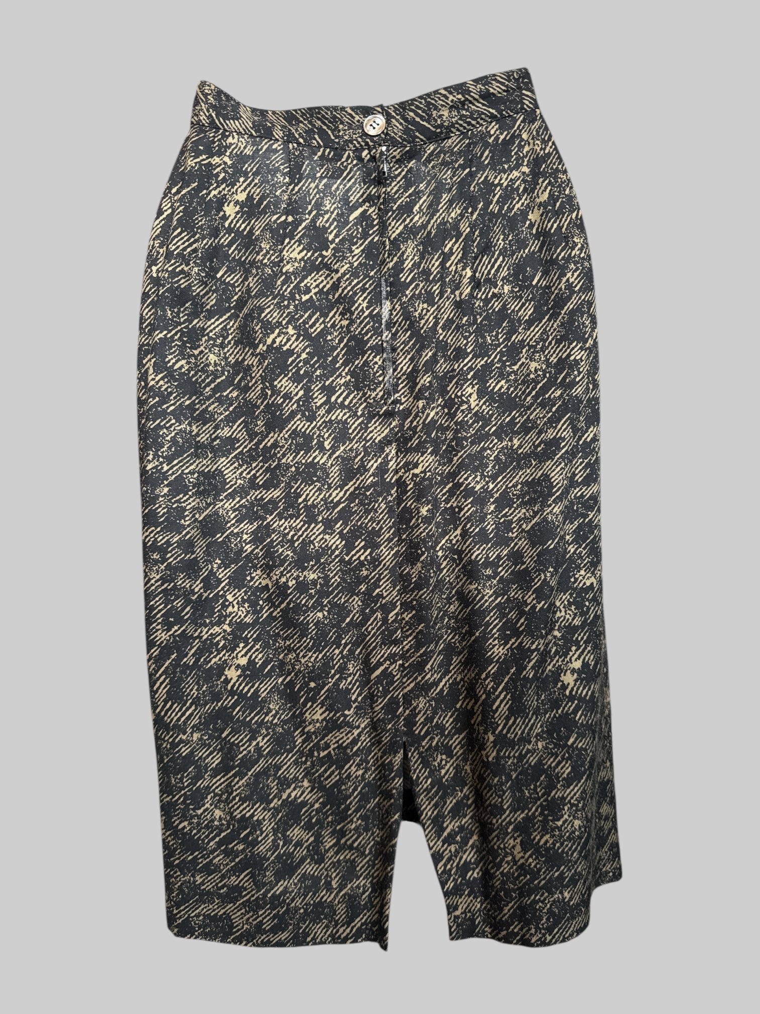 XS Vintage, brownish green and black pattern skirt with pleating, slit in the back, and zipper button closure