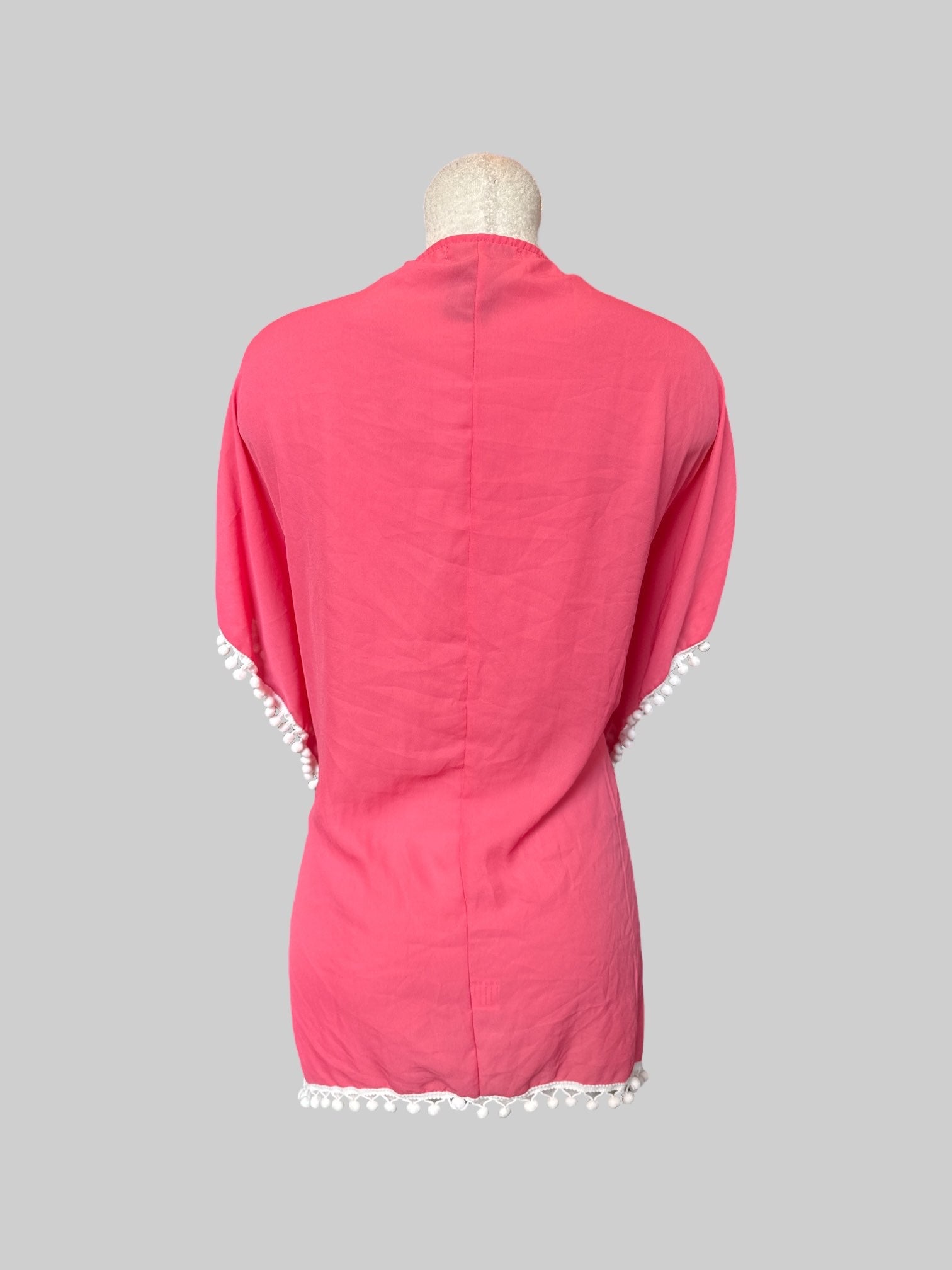 L Pink kaftan top with white pom-poms and lace detail